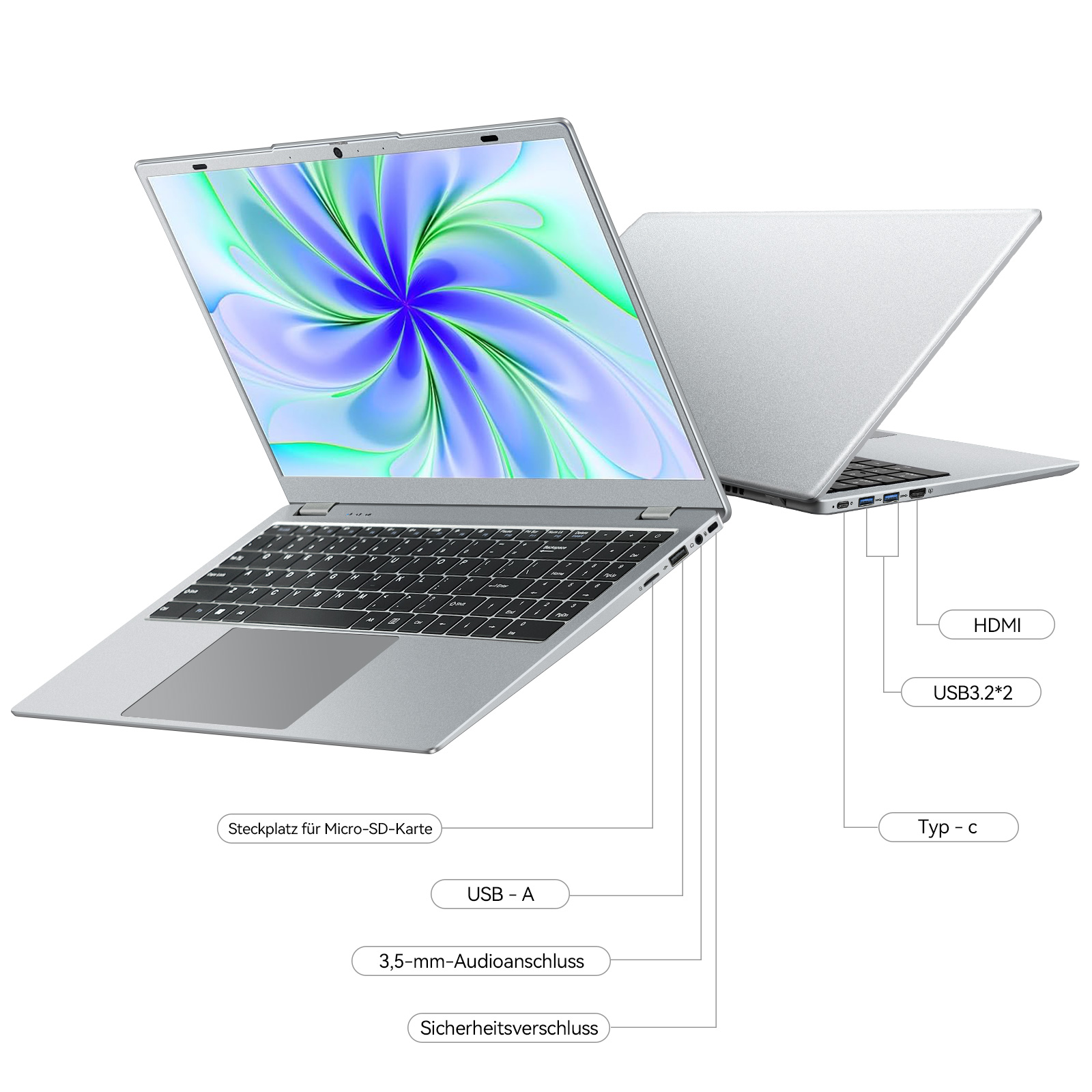 Ein silberner Laptop ist geöffnet und zeigt ein farbenfrohes Blumendesign auf dem Bildschirm. Ein weiterer Laptop ist im Hintergrund sichtbar.