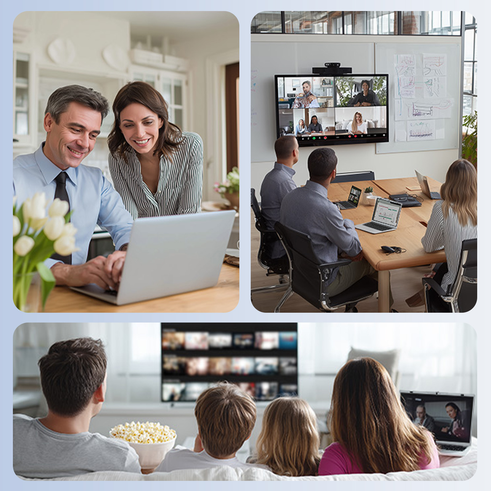 Ein Mann und eine Frau schauen auf einen Laptop. Andere sind in einem Videoanruf. Eine Familie sieht fern und einen anderen Laptop.