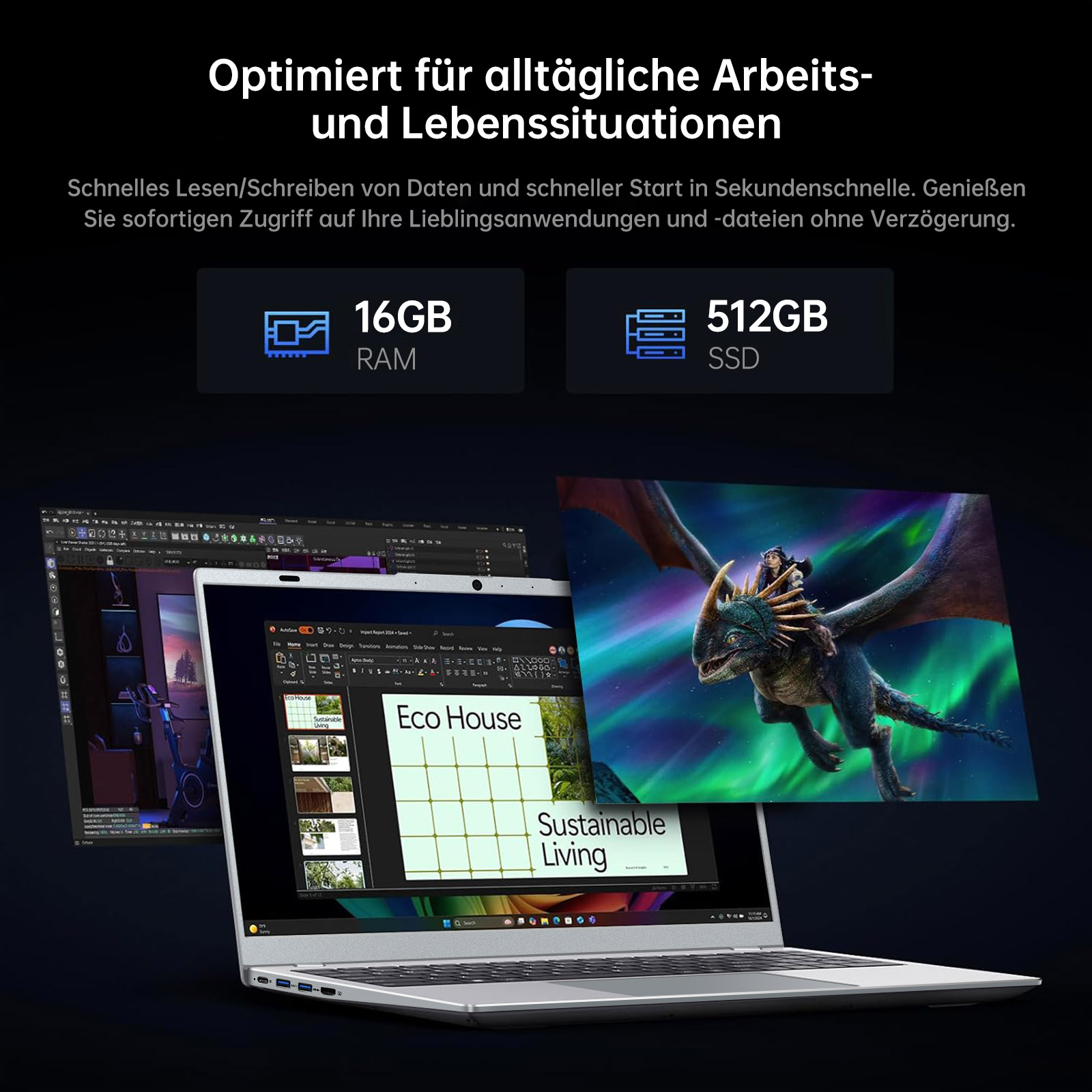 Laptop mit geöffneten Programmen, Grafiken und Drachenillustration. Text-Overlay zeigt RAM- und SSD-Spezifikationen.