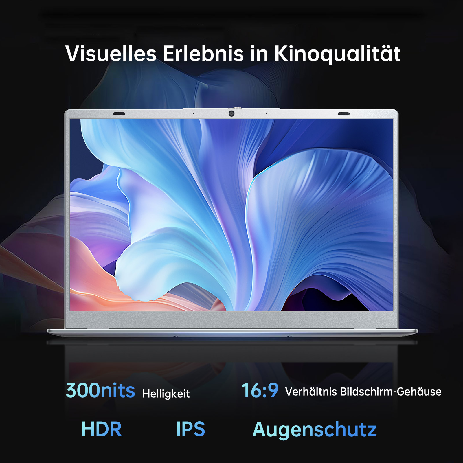 Ein Laptop-Bildschirm zeigt ein blaues und violettes abstraktes Design. Text hebt Bildschirmmerkmale hervor: Helligkeit, HDR und Augenschutz.