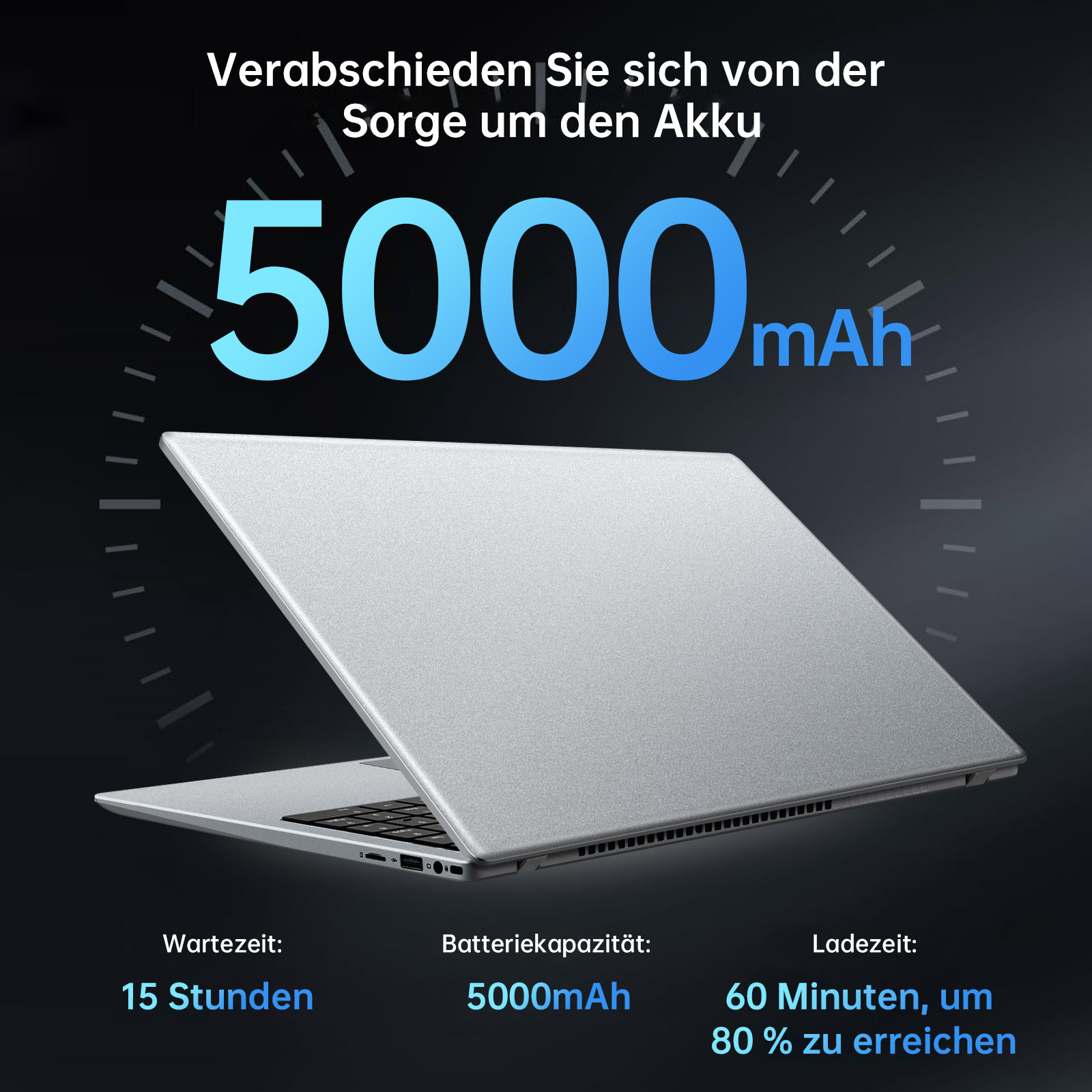 Silberner Laptop mit 5000mAh Akku. Zeigt Infos: 15 Stunden Standby, 60 Min. bis 80% Ladung.