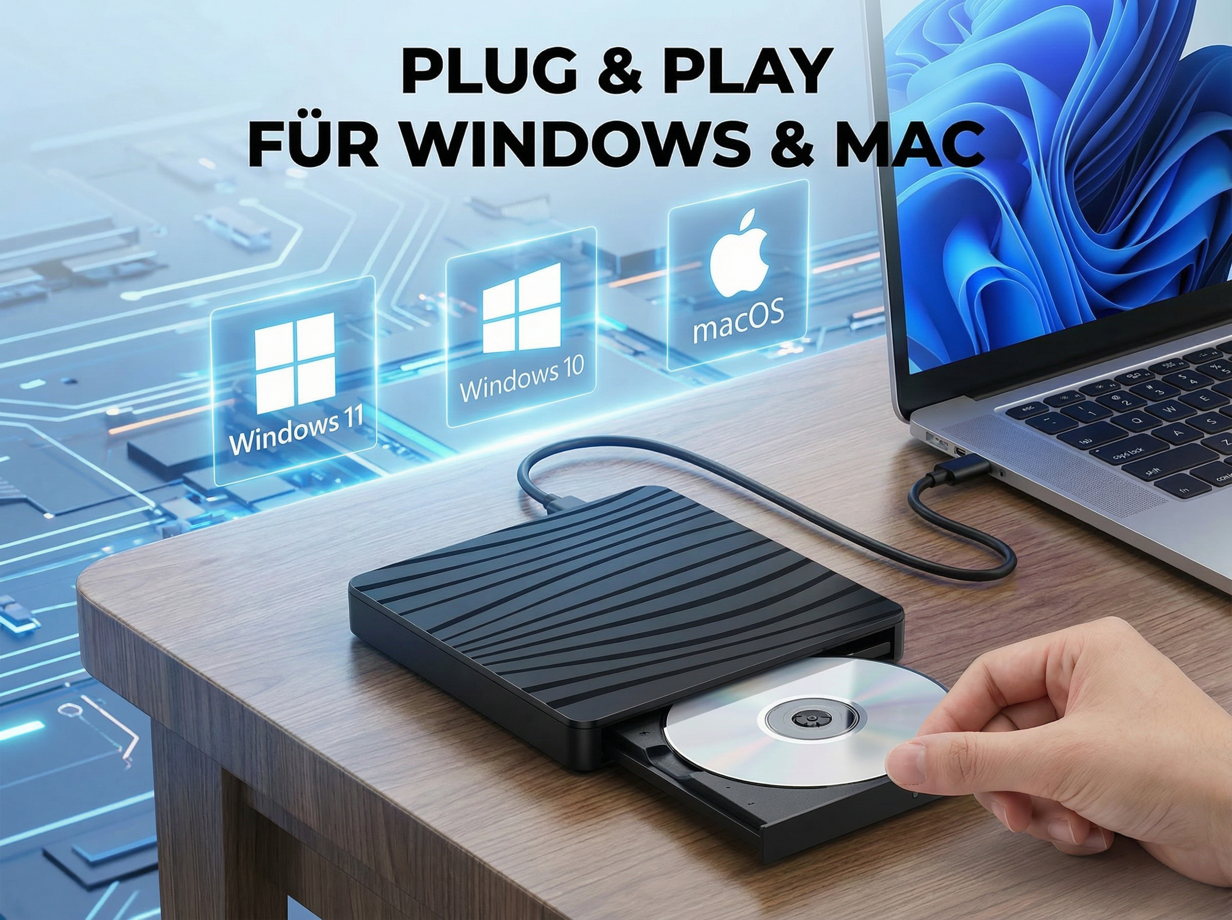 Ein CD-Laufwerk ist an einen Laptop angeschlossen. Eine Hand legt eine CD in das Laufwerk ein. Im Hintergrund sind Windows- und macOS-Logos zu sehen.