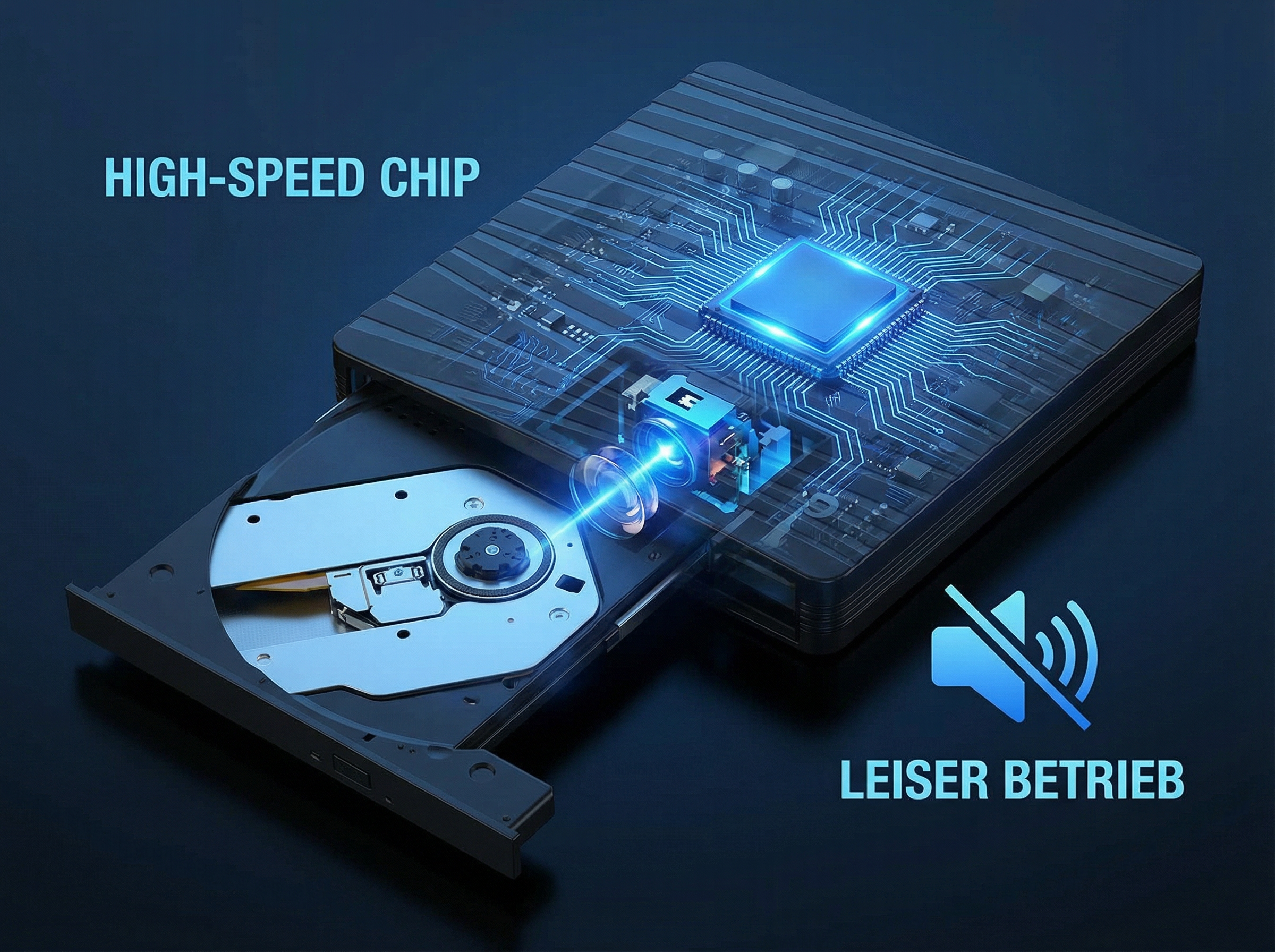 Bild eines blau-schwarzen CD/DVD-Laufwerks mit High-Speed-Chip und einem 'Leiser Betrieb' Symbol.