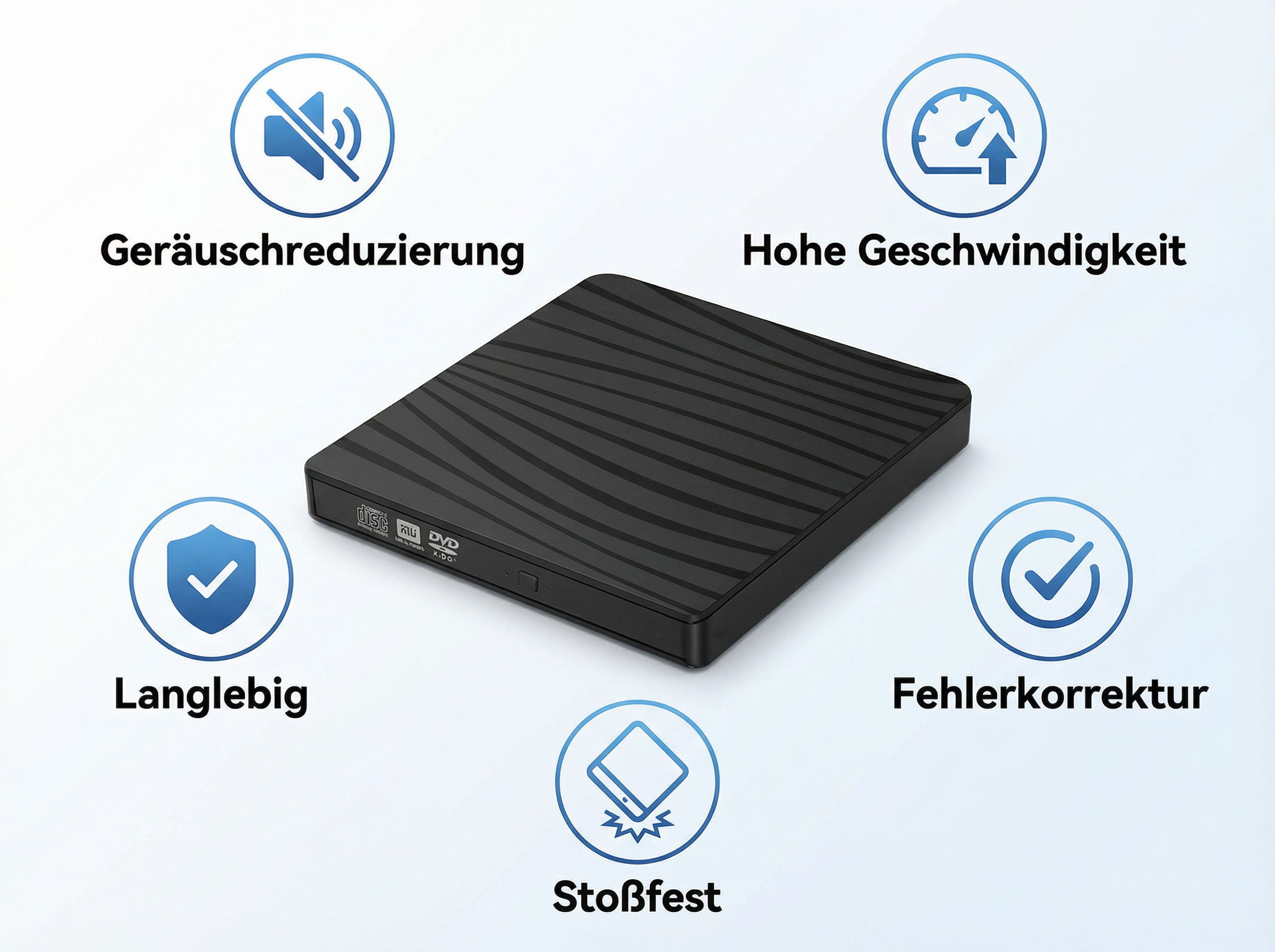 Schwarzes externes DVD-Laufwerk mit Funktionssymbolen: Geräuschreduzierung, hohe Geschwindigkeit, langlebig, Fehlerkorrektur, stoßfest.
