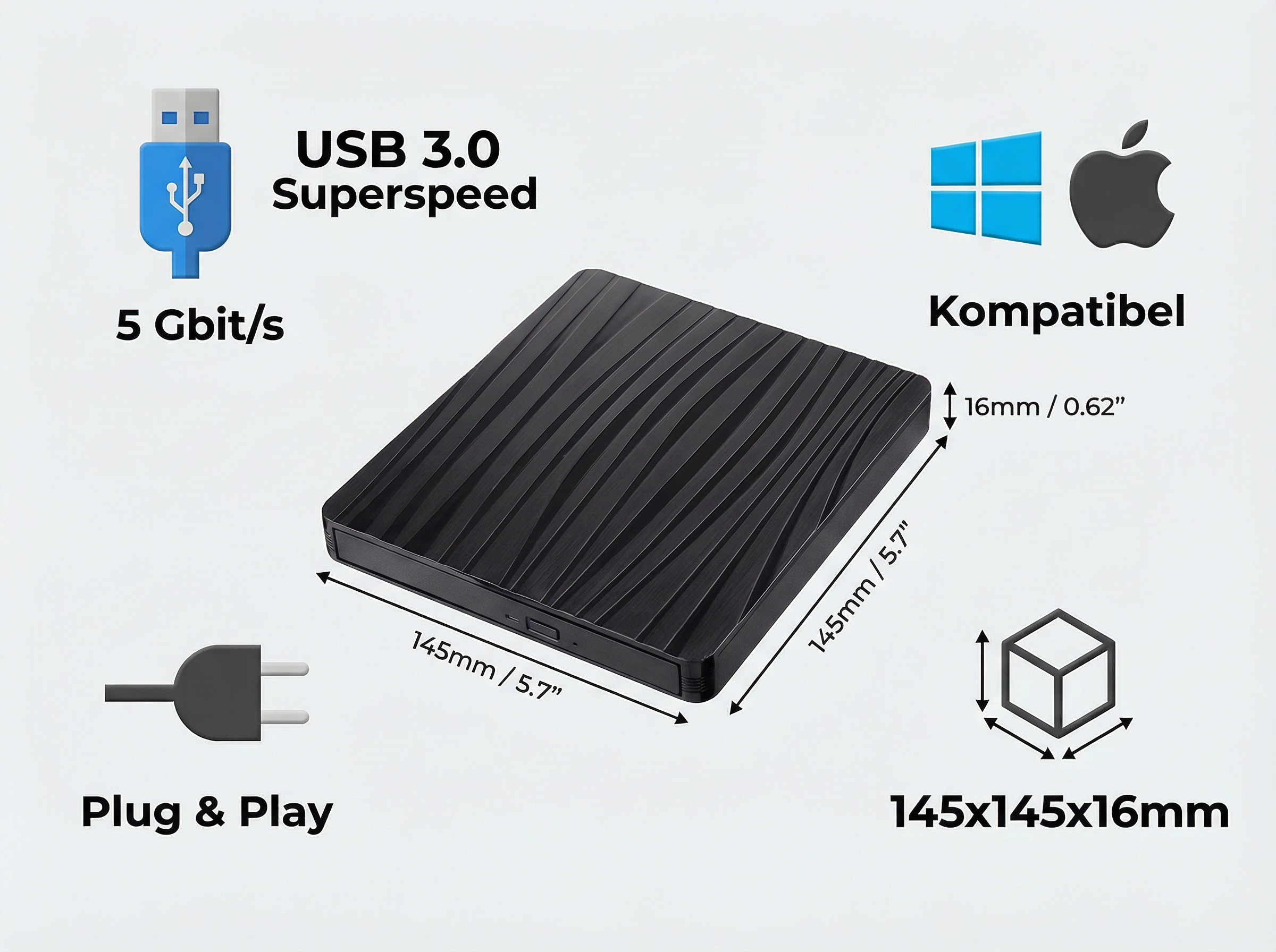 Schwarze externe Festplatte mit USB 3.0, 5 Gbit/s, Plug & Play, kompatibel mit Windows und Apple.