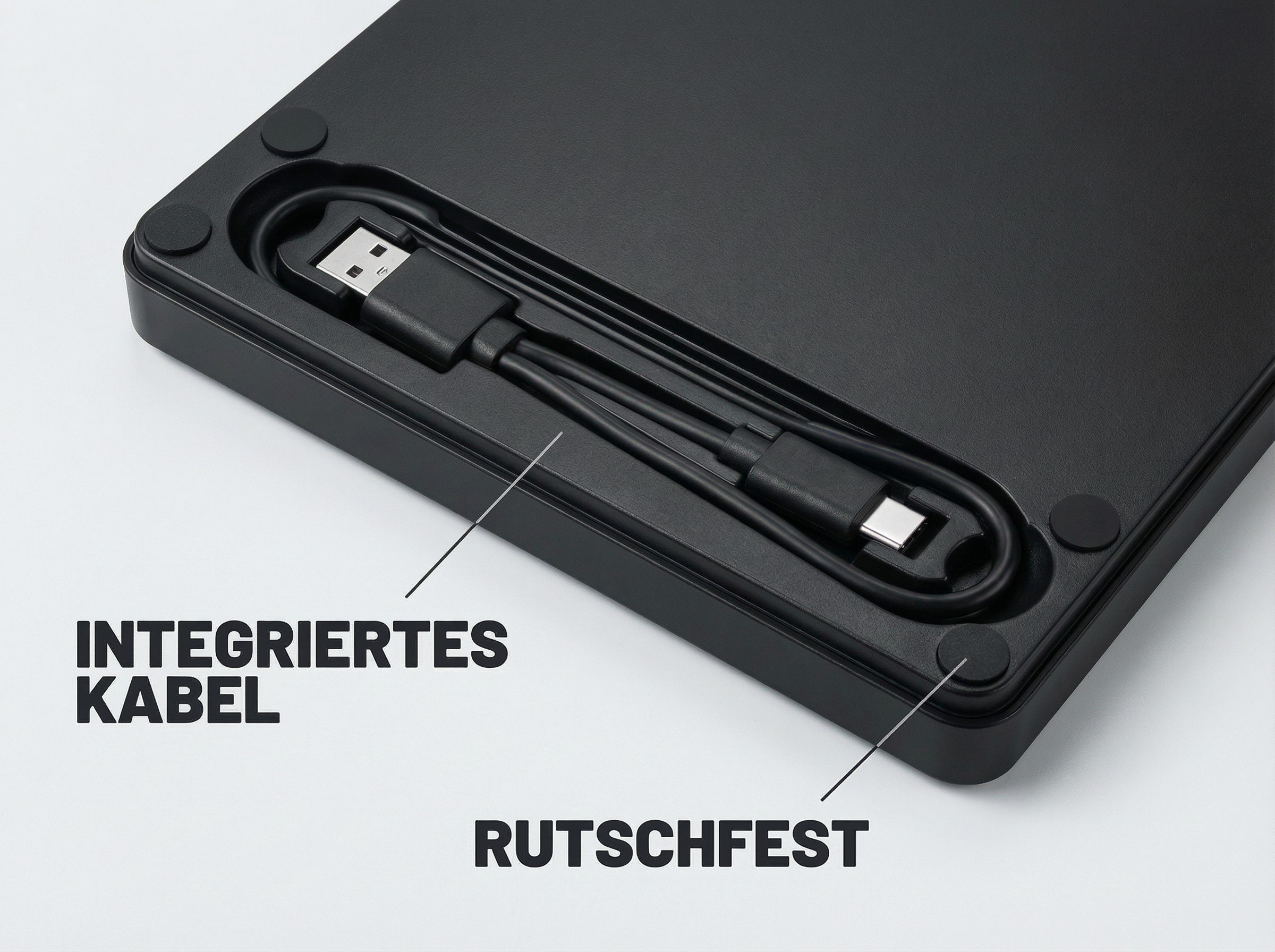Schwarzes Gerät mit integriertem Kabel. USB- und USB-C-Anschlüsse sind sichtbar. Text sagt 'integriertes Kabel' und 'rutschfest'.