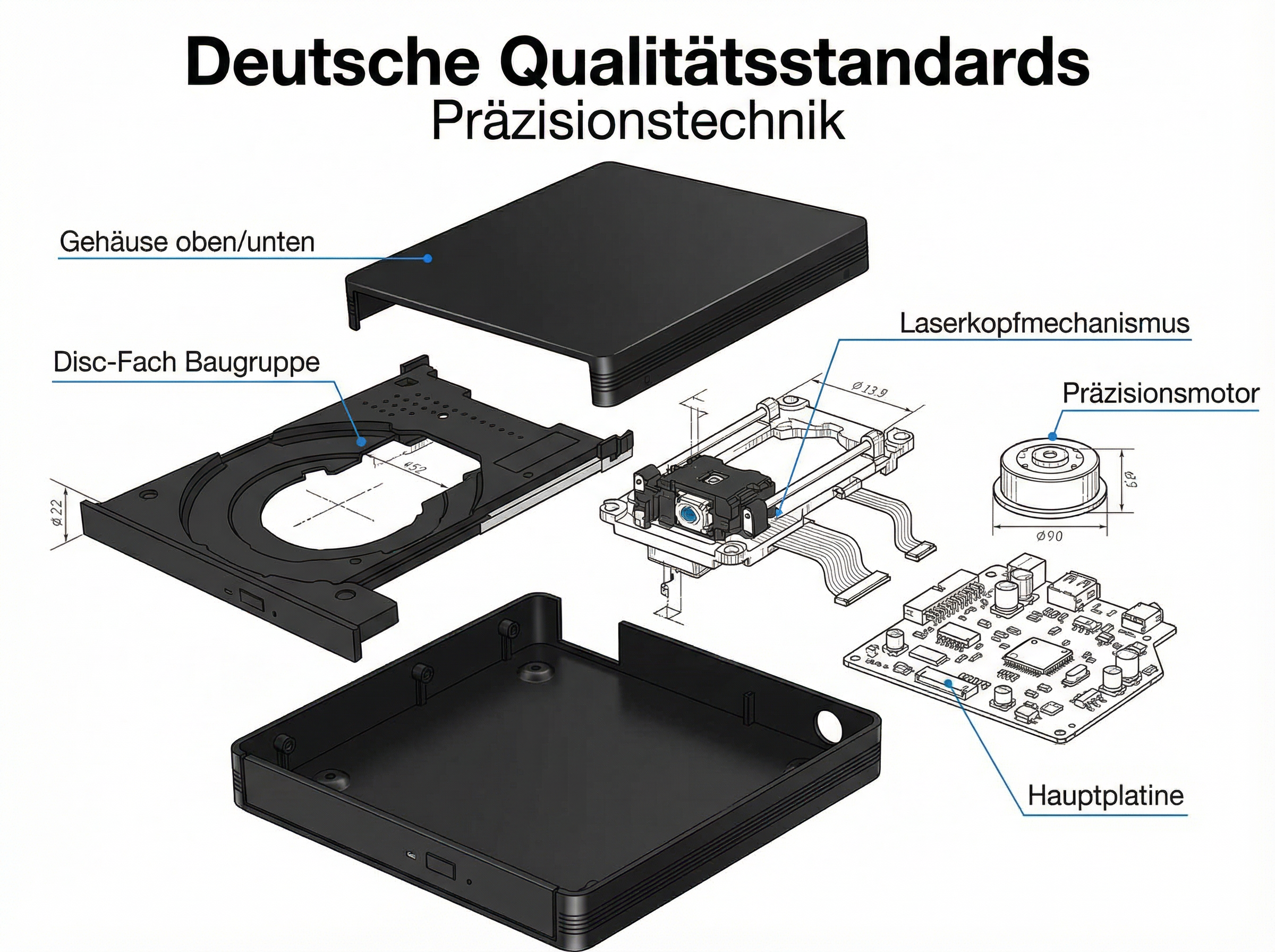 Diagramm von zerlegten elektronischen Komponenten. Enthält Gehäuse, Disc-Fach, Lasermechanismus und Leiterplatte.