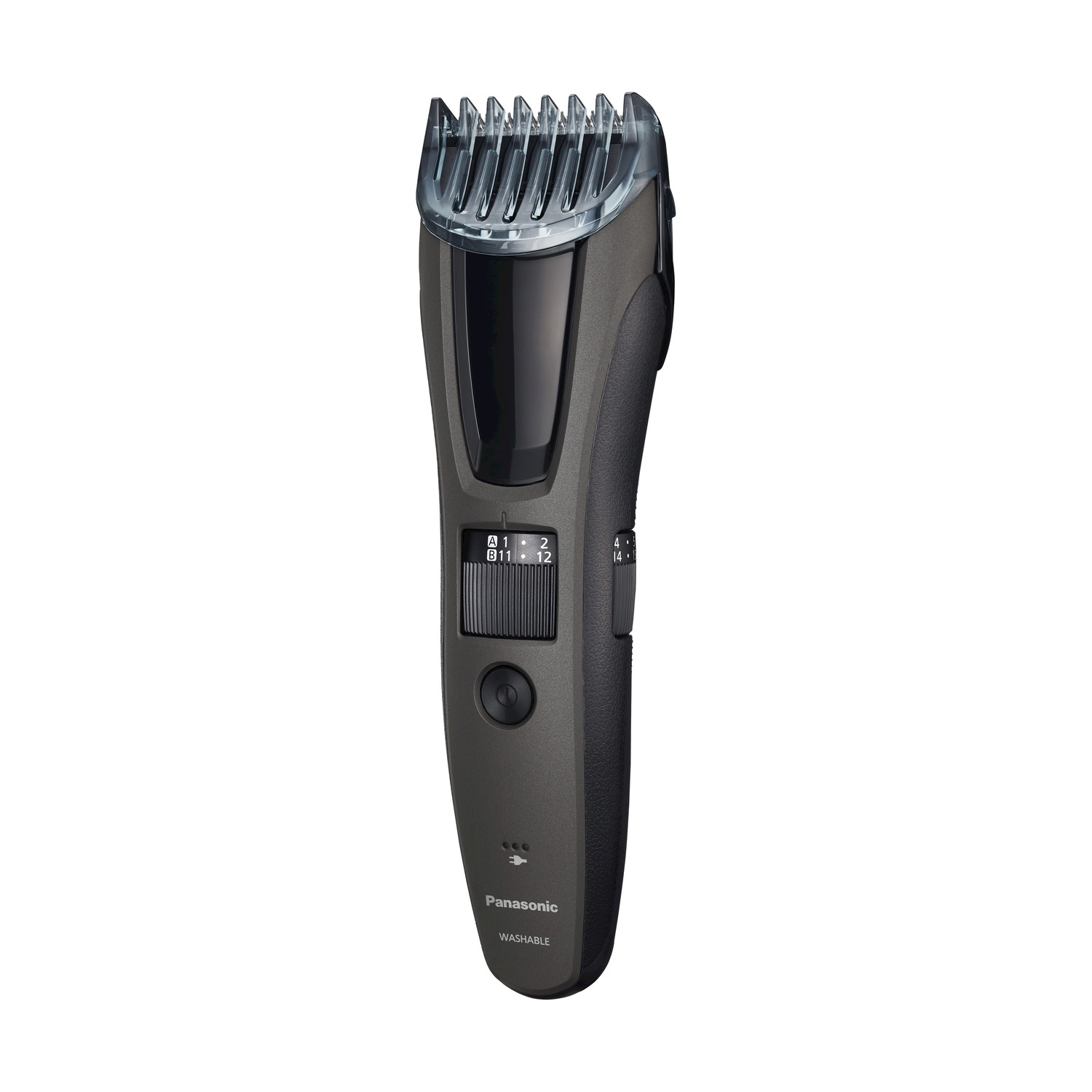 Viene mostrato un regolabarba Panasonic grigio. Ha una manopola di regolazione nera, un pulsante di accensione e un accessorio pettine in plastica trasparente.
