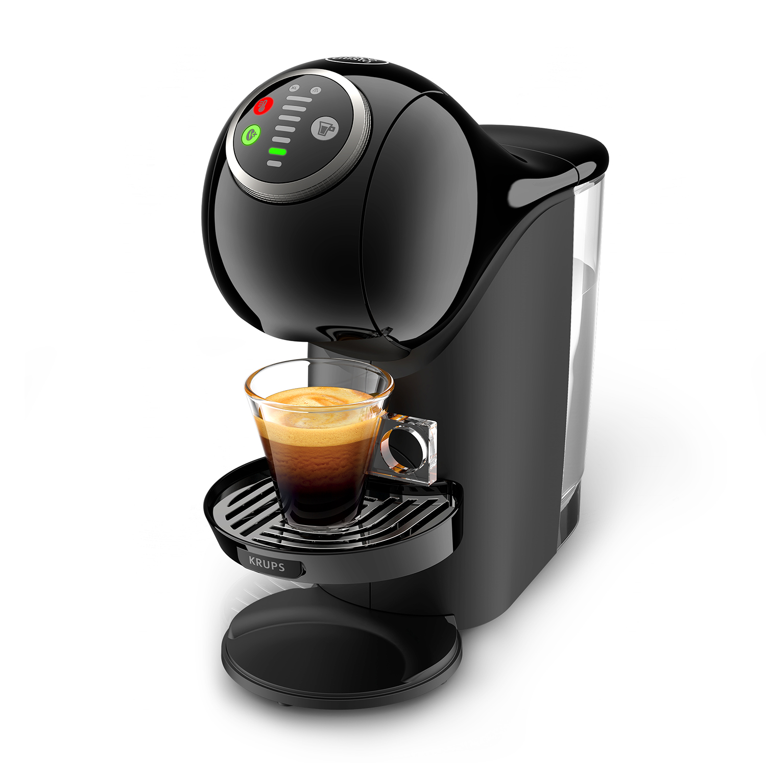 Una macchina da caffè nera con un bicchiere di caffè. La macchina ha un serbatoio dell'acqua e un pannello di controllo. Il caffè è in preparazione.