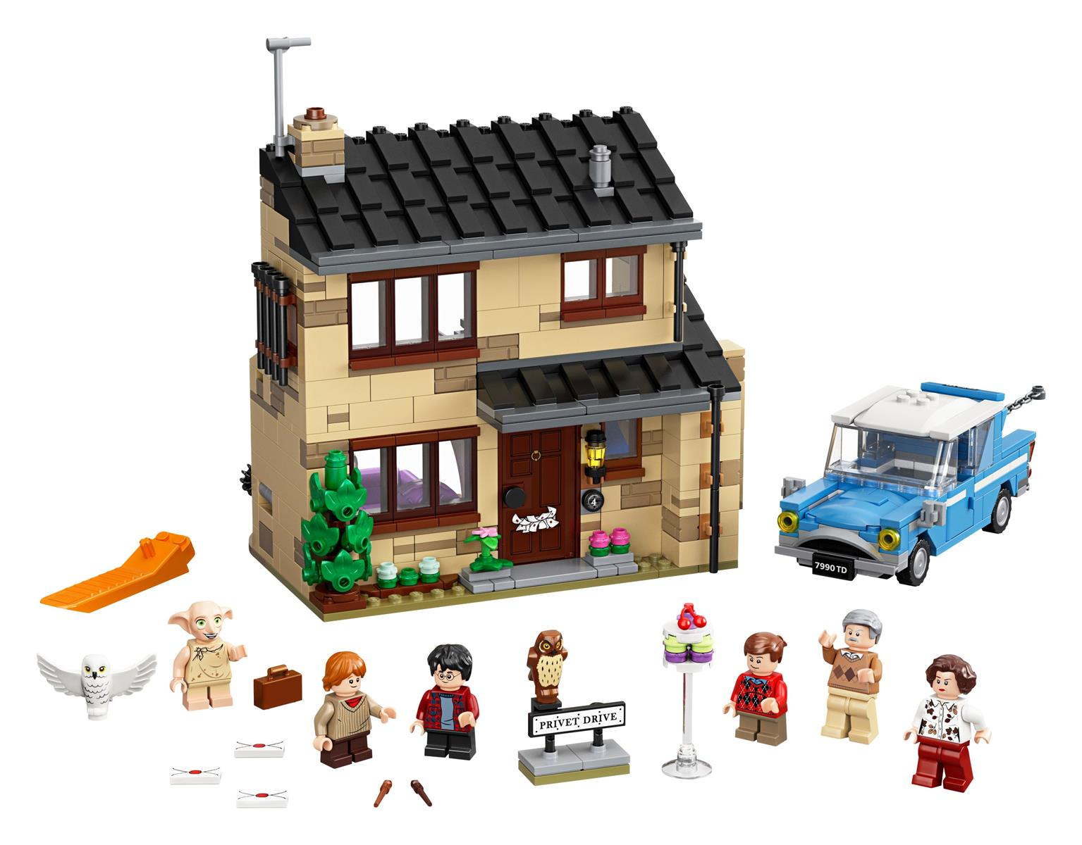 Lego-Set mit Haus, blauem Auto und Figuren. Enthält Harry-Potter-Charaktere, ein Schild mit der Aufschrift 'Privet Drive' und Zubehör.