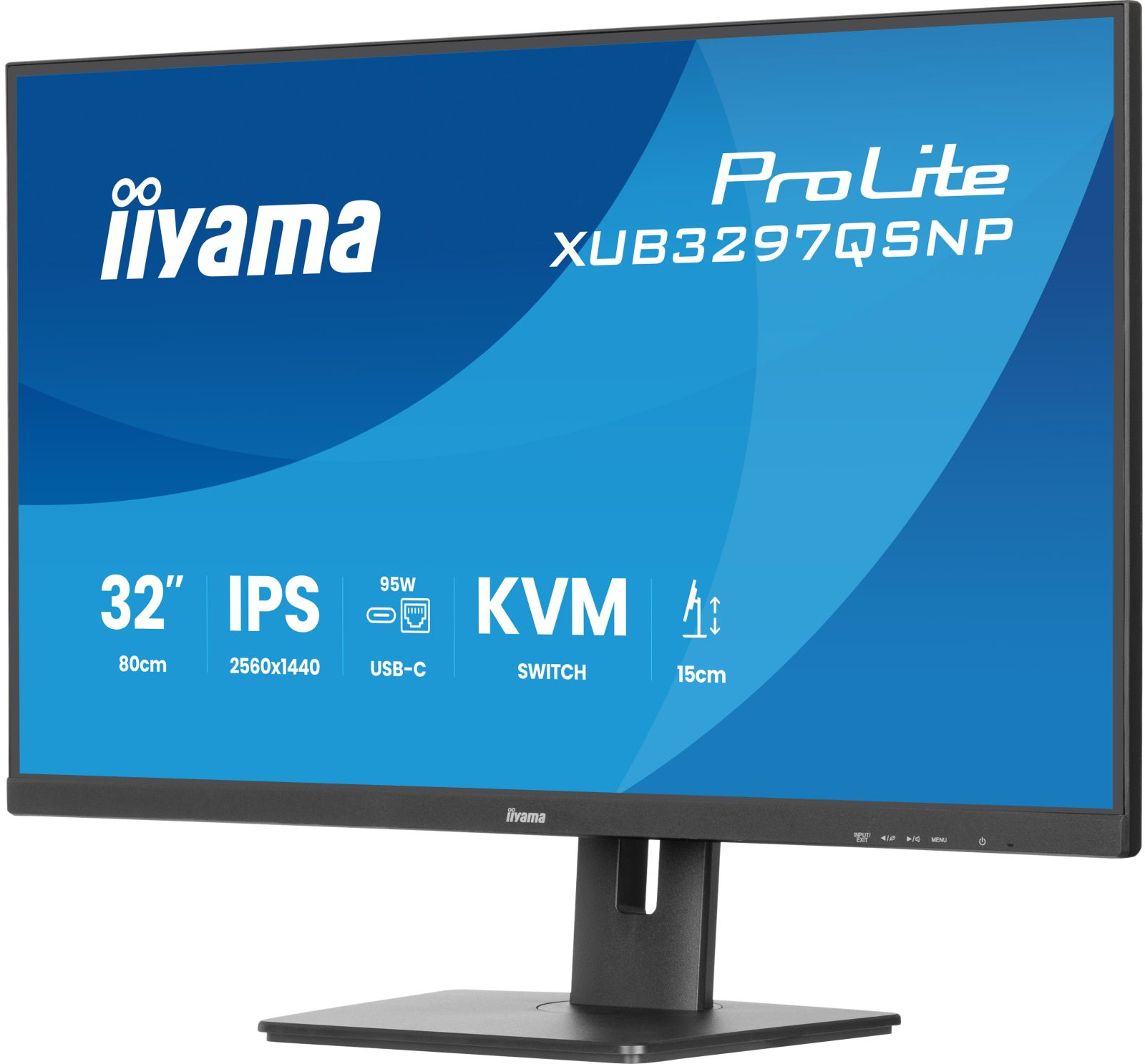 Monitor Iiyama ProLite z niebieskim ekranem wyświetla szczegóły produktu. Ma funkcje takie jak 32" IPS, przełącznik KVM i USB-C.