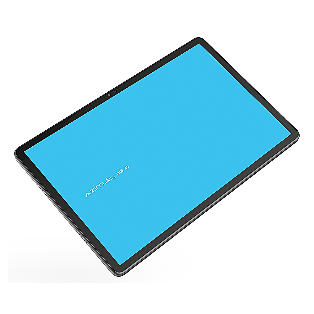 Ein Tablet mit schwarzem Rahmen und blauem Bildschirm, das das Azimuth-Logo und Plus 4G auf weißem Hintergrund zeigt.