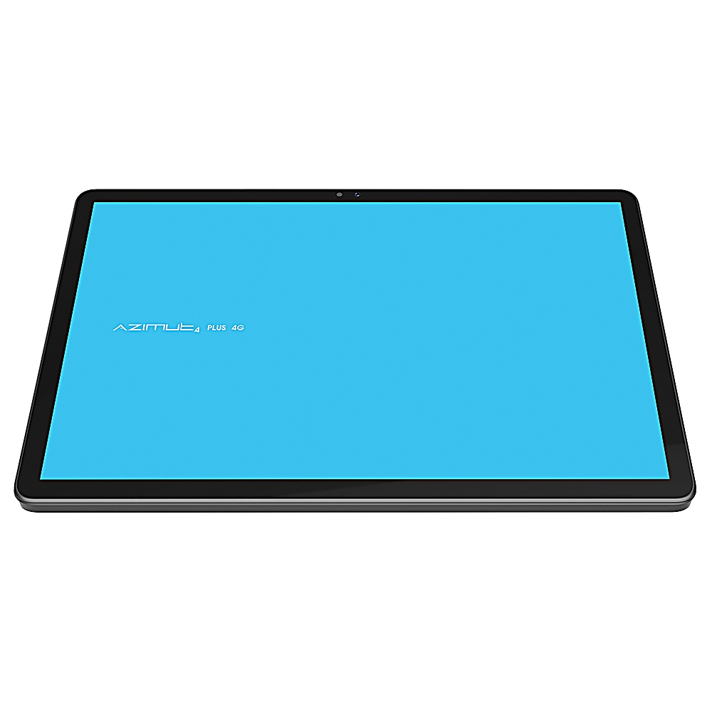Ein Tablet mit blauem Bildschirm zeigt den Text 'AZIMUT4 PLUS 4G'. Das Tablet hat einen schwarzen Rahmen auf weißem Hintergrund.