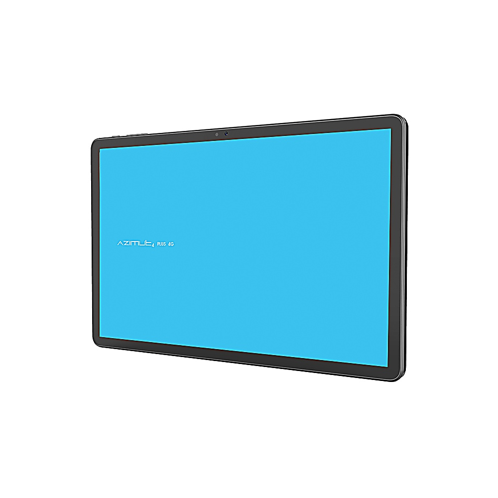 Ein Tablet mit schwarzem Rahmen und blauem Bildschirm wird schräg gezeigt. Der Markenname ist links sichtbar.