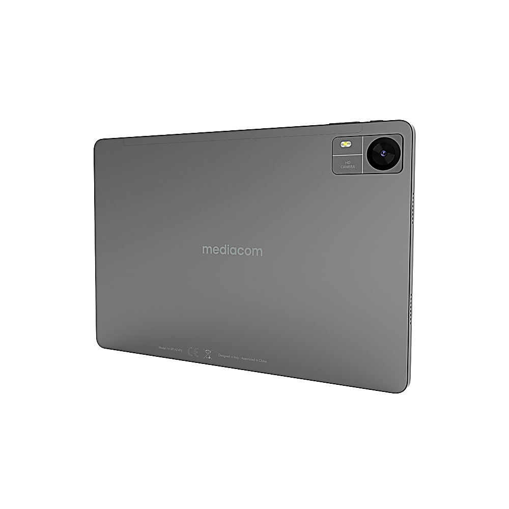 Ein graues Mediacom-Tablet. Es hat eine Kamera in der oberen rechten Ecke. Das Mediacom-Logo befindet sich in der Mitte der Rückseite.