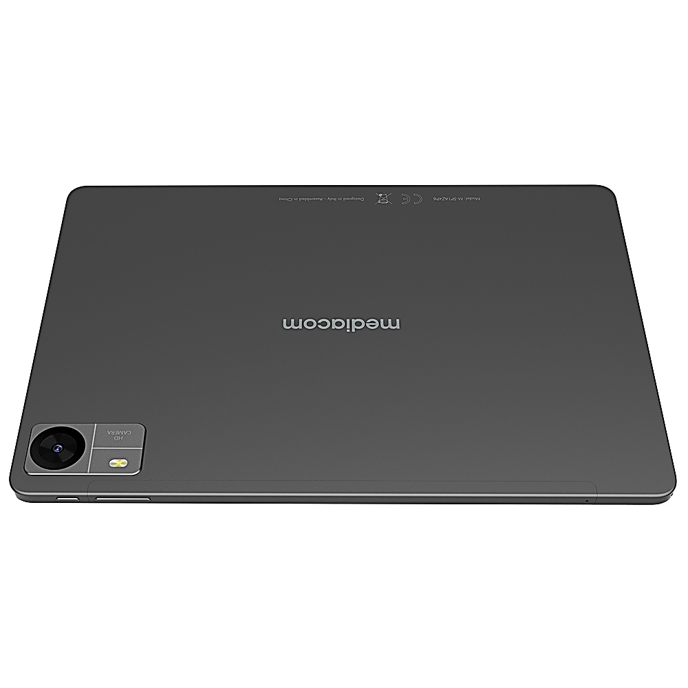 Ein dunkelgraues Tablet mit Kamera auf der Seite, der Markenname 'mediacom' ist auf der Rückseite aufgedruckt.