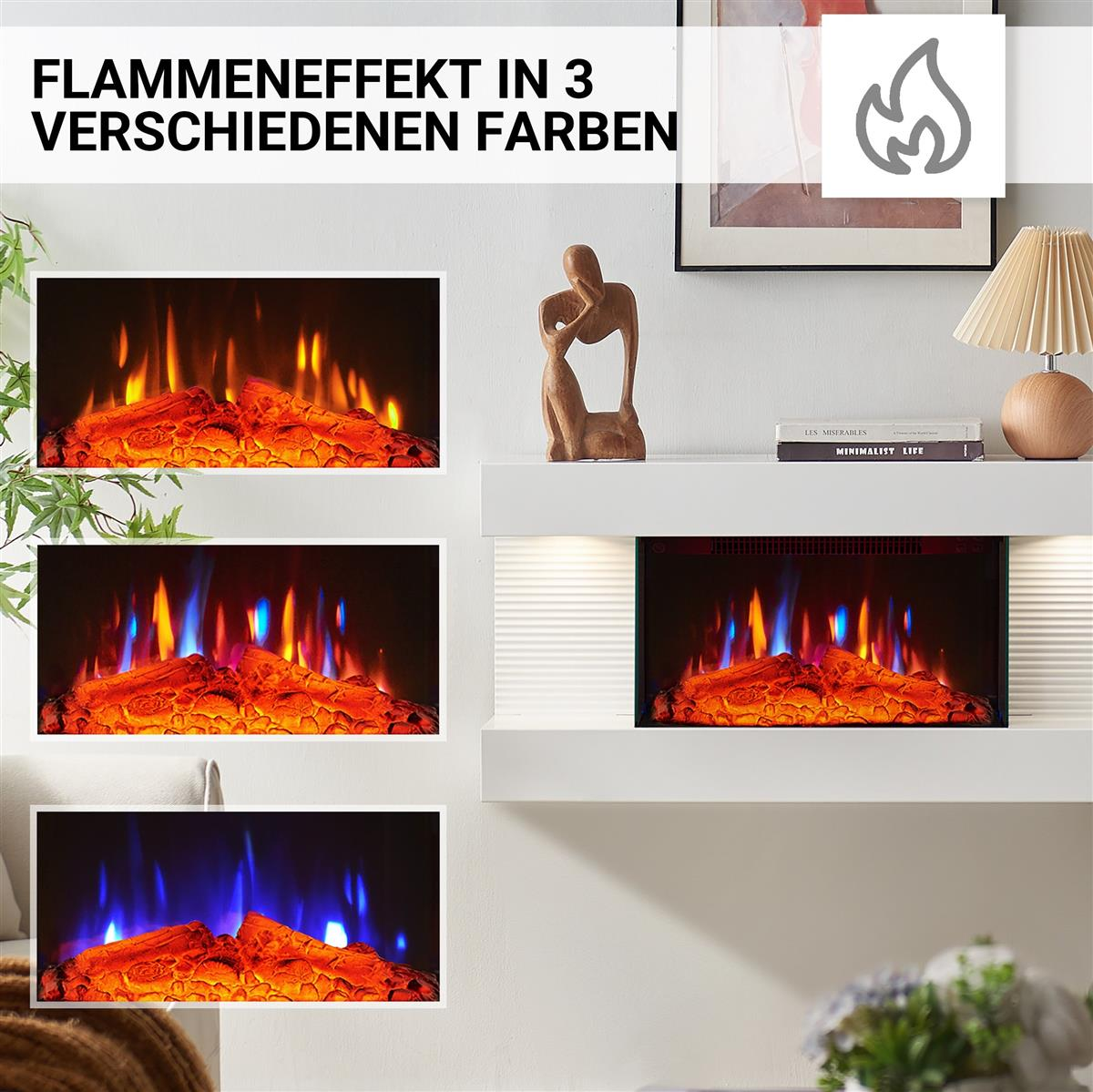 Das Bild zeigt einen Kamin mit Flammen in drei verschiedenen Farben. Er befindet sich an einer weißen Wand. Es gibt eine Skulptur und eine Lampe.