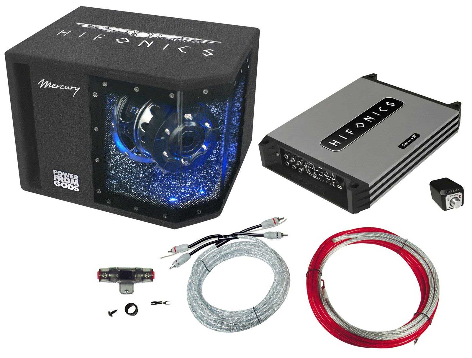 Auto-Audio-Ausrüstung, darunter ein Subwoofer, Verstärker und Kabel. Der Subwoofer-Kasten hat ein transparentes Fenster und blaue Lichter.