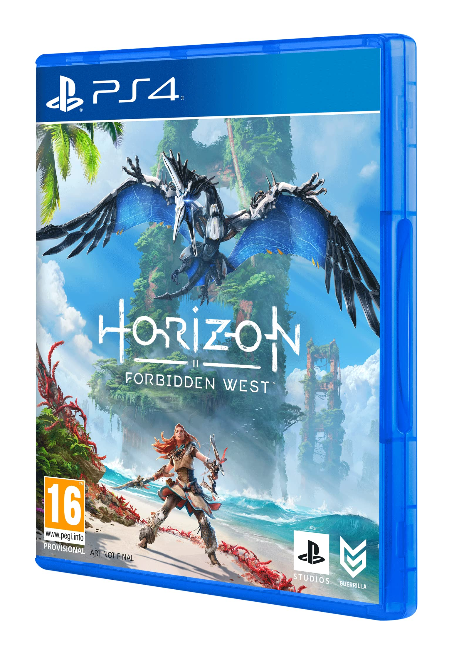 Artwork della scatola del gioco PS4 di Horizon Forbidden West. Mostra una donna con arco e frecce, un uccello meccanico e uno sfondo tropicale.