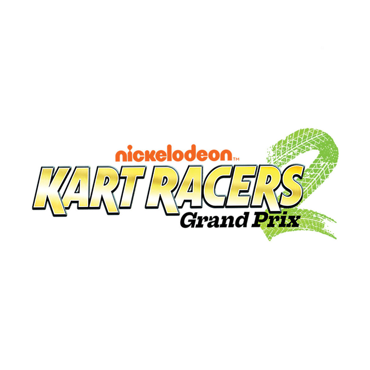 Il logo di Nickelodeon Kart Racers 2 Grand Prix. Ha un testo oro e nero con un 2 verde di impronta di pneumatico sul lato destro.