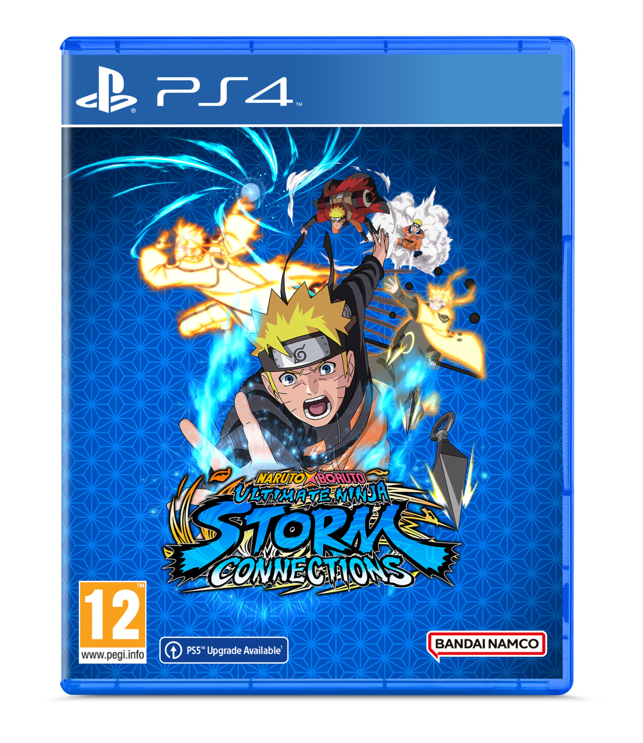 Copertina del gioco per PS4: personaggi di Naruto che combattono con effetti energetici. Titolo: Naruto x Boruto Ultimate Ninja Storm Connections.
