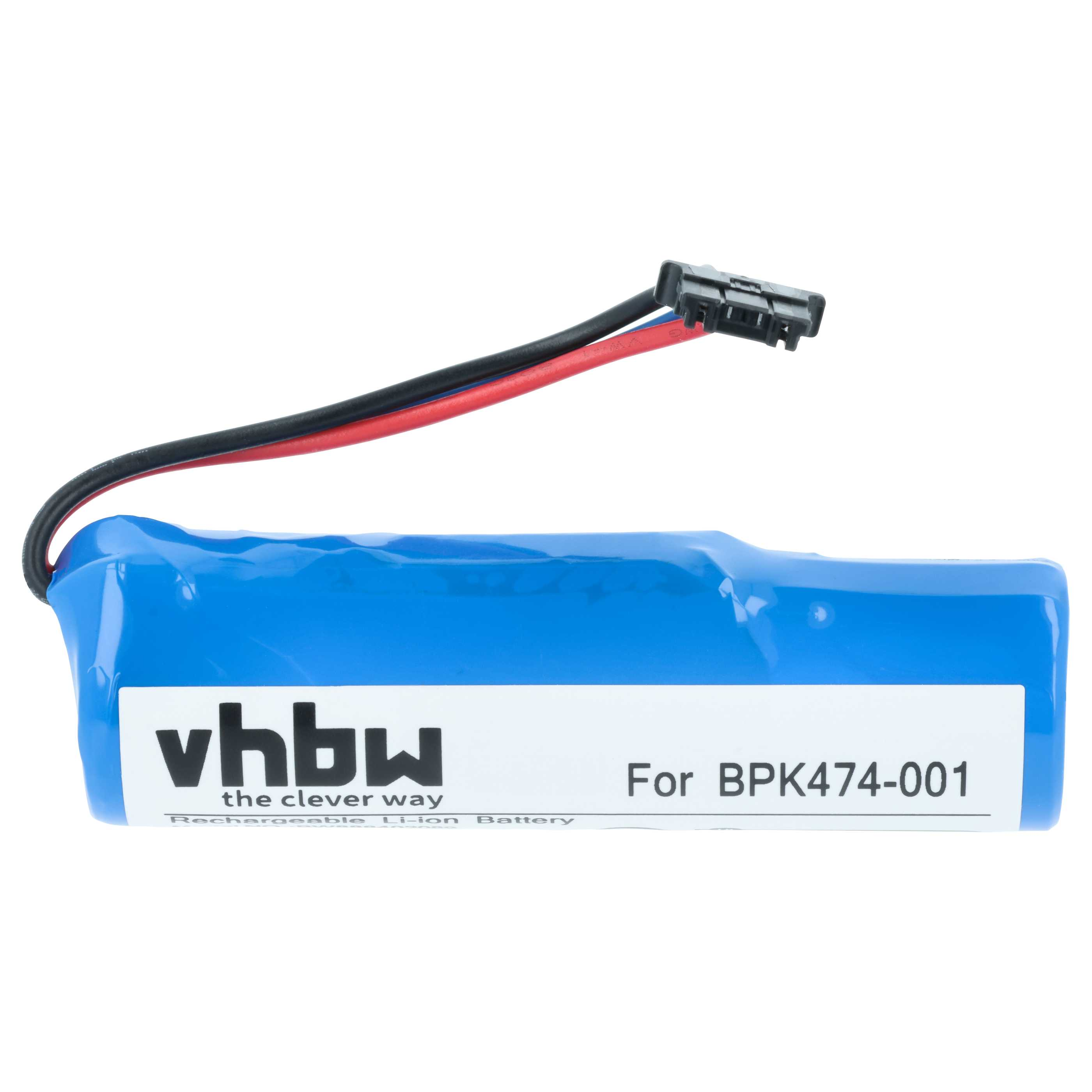 Ein blauer Akku mit schwarzen und roten Drähten und einem Stecker. Er hat ein weißes Etikett.