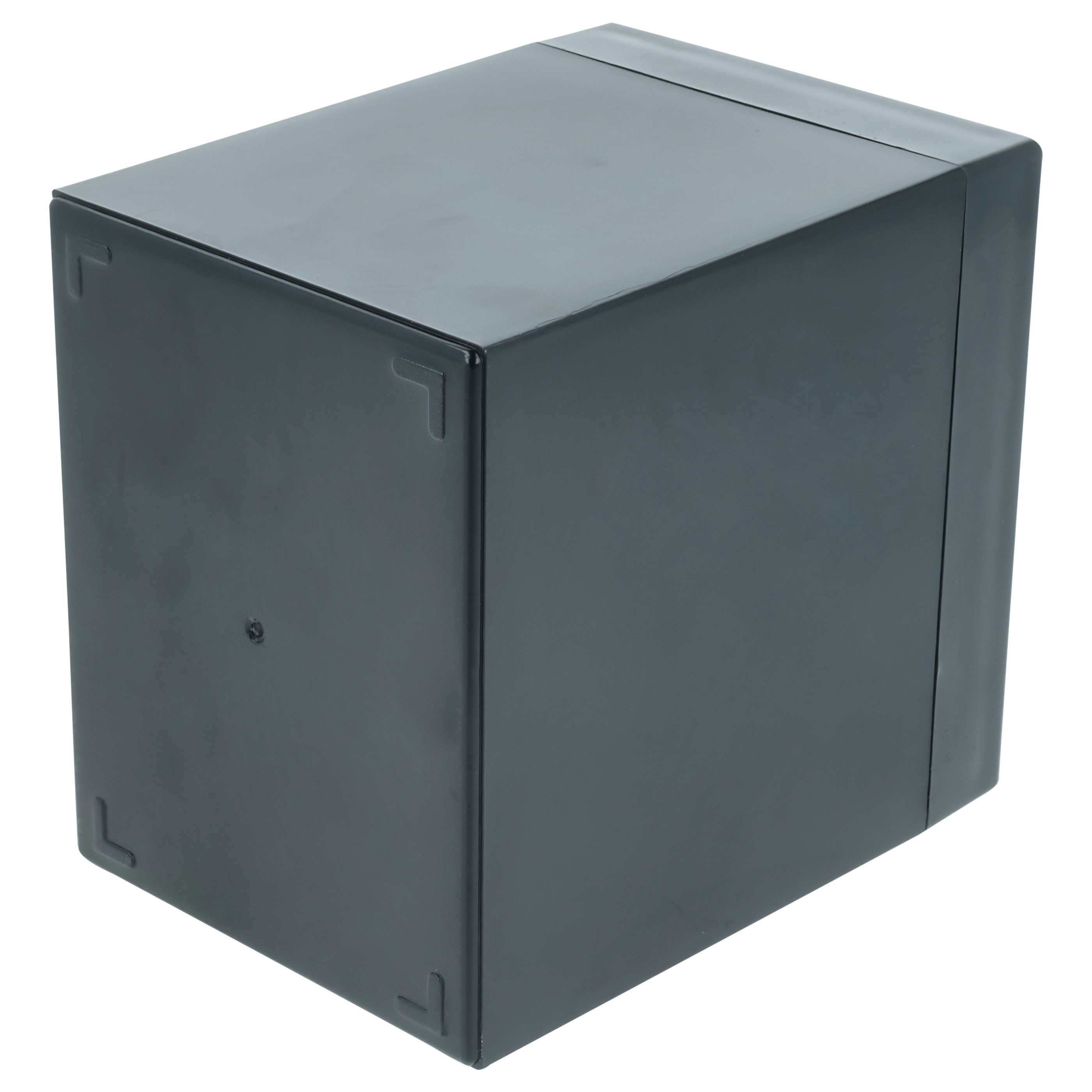 Eine dunkelgraue, rechteckige Box mit leicht reflektierender Oberfläche, aus einem Winkel vor weißem Hintergrund betrachtet.