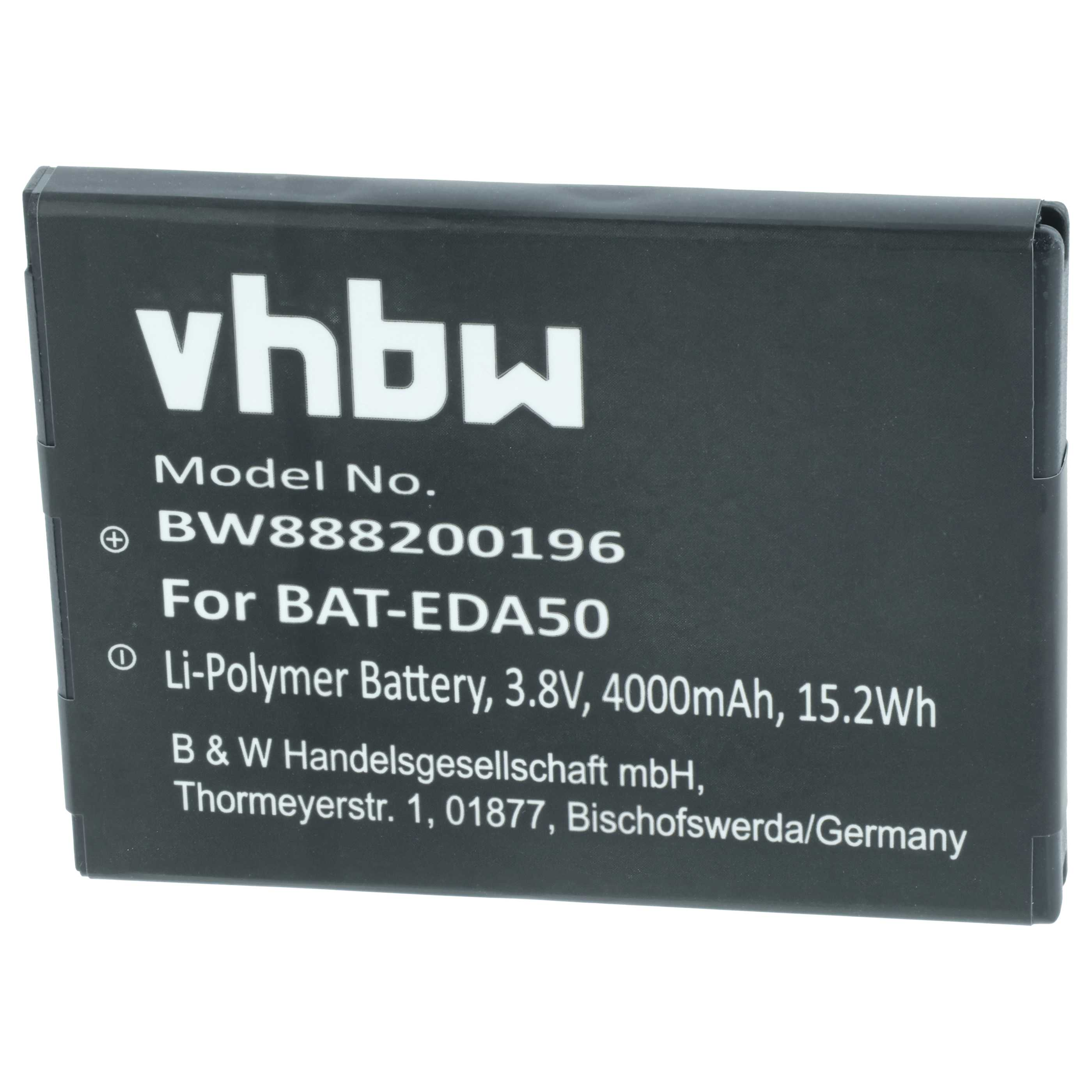 Ein schwarzer Akku mit weißem Text. Er hat die Marke 'vhbw' und Spezifikationen wie 3,8 V, 4000 mAh und 15,2 Wh.