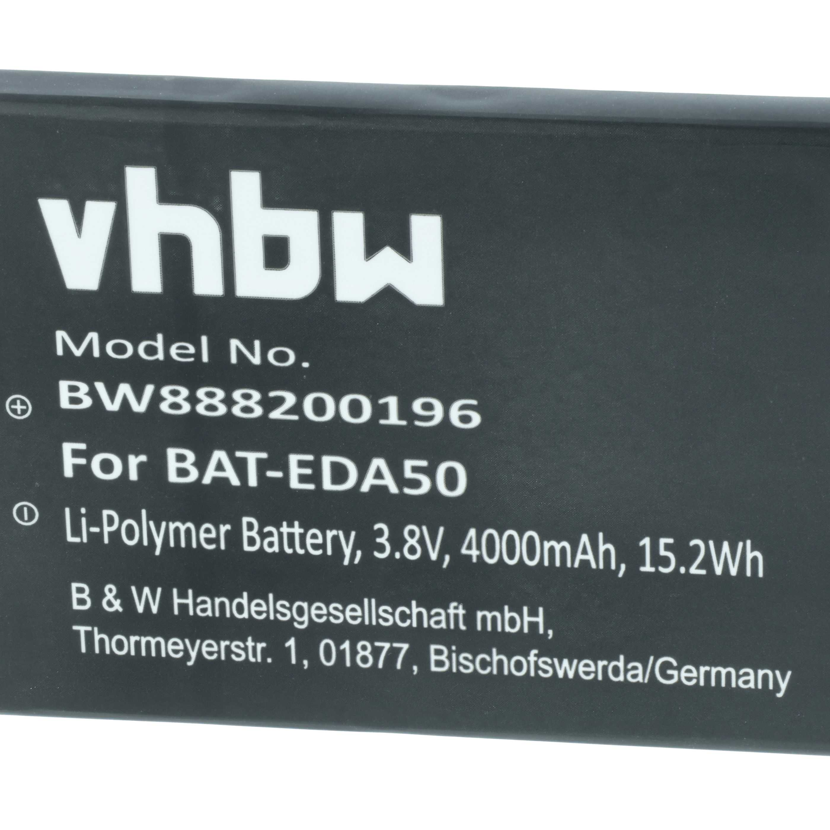 Ein Etikett mit 'vhbw' und Produktdetails: Modell, Batterietyp, Spannung, Kapazität und Herstelleradresse in Deutschland.