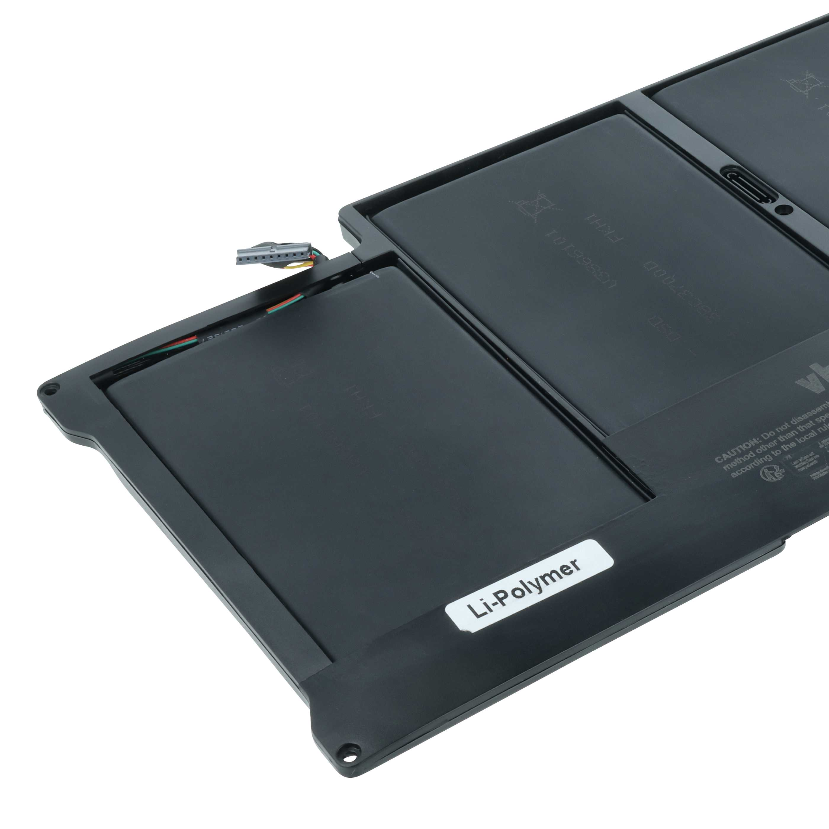 Ein schwarzer Laptop-Akkupack vor weißem Hintergrund. Er enthält mehrere Zellen und einen Anschluss.