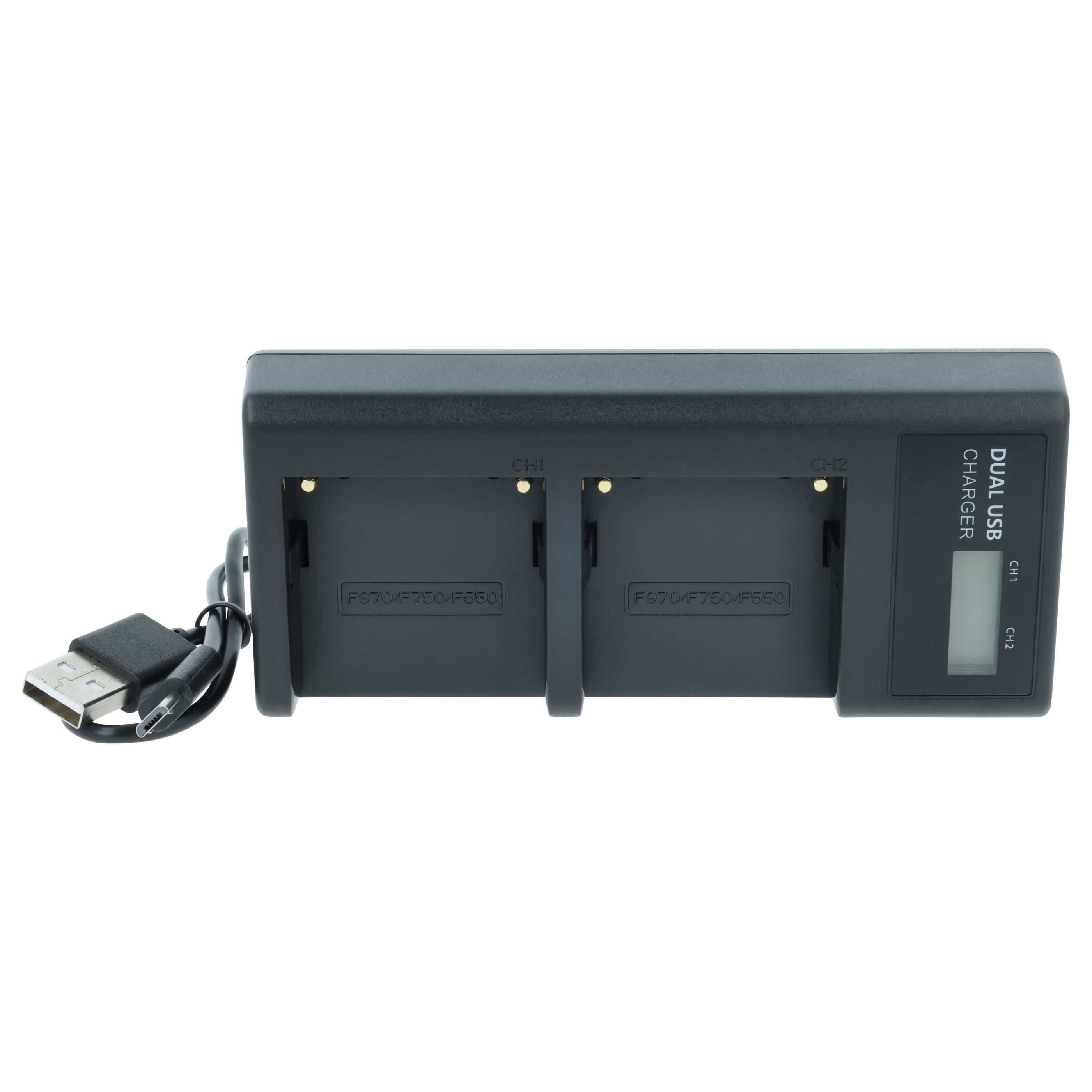 Ein schwarzes Dual-USB-Ladegerät mit Digitalanzeige, zwei Steckplätzen und angeschlossenem USB-Kabel.