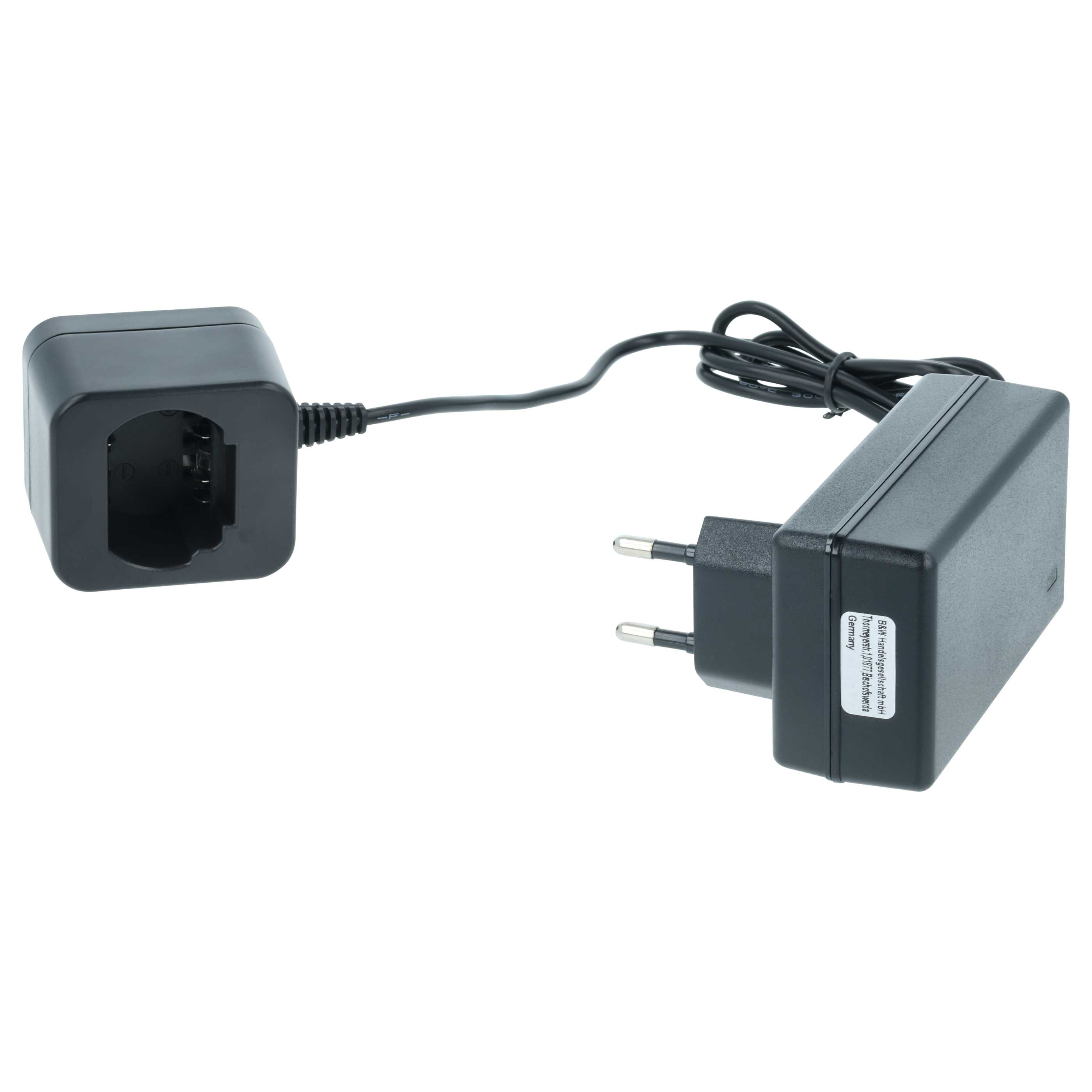 Schwarzes Batterieladegerät mit Stecker und Kabel. Der Lader besteht aus zwei schwarzen Teilen.