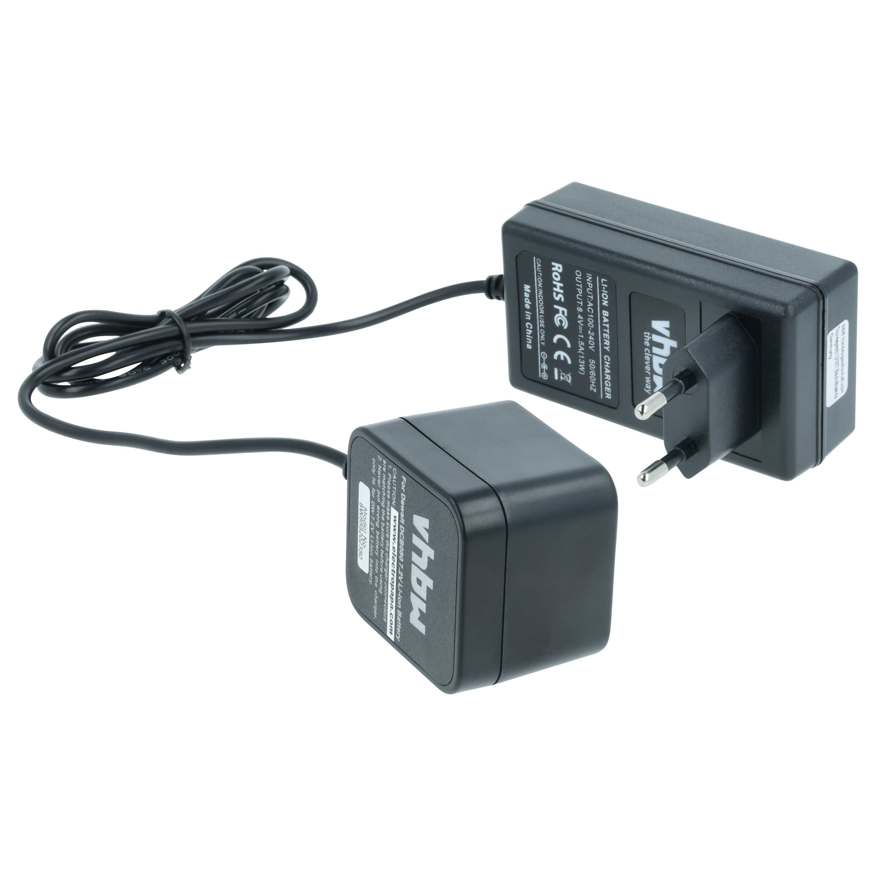 Schwarzes vhbw-Ladegerät mit zwei Teilen, die durch ein Kabel verbunden sind, auf weißem Hintergrund.