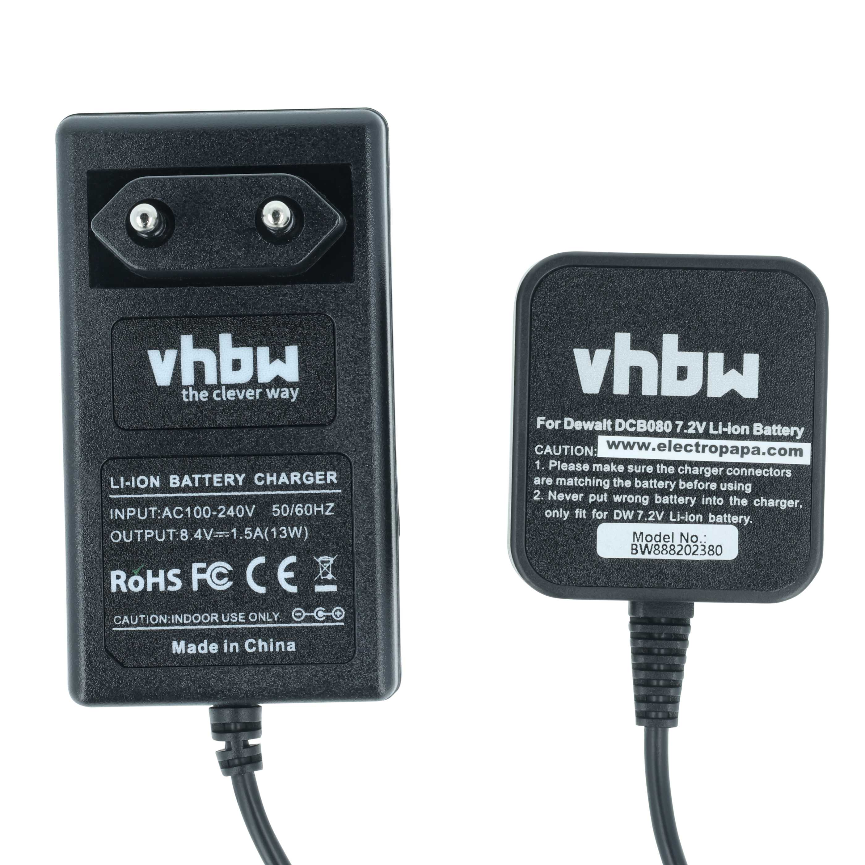 Zwei schwarze Batterieladegeräte. Eines mit Stecker, das andere mit quadratischer Oberseite. Beide haben das vhbw-Logo.