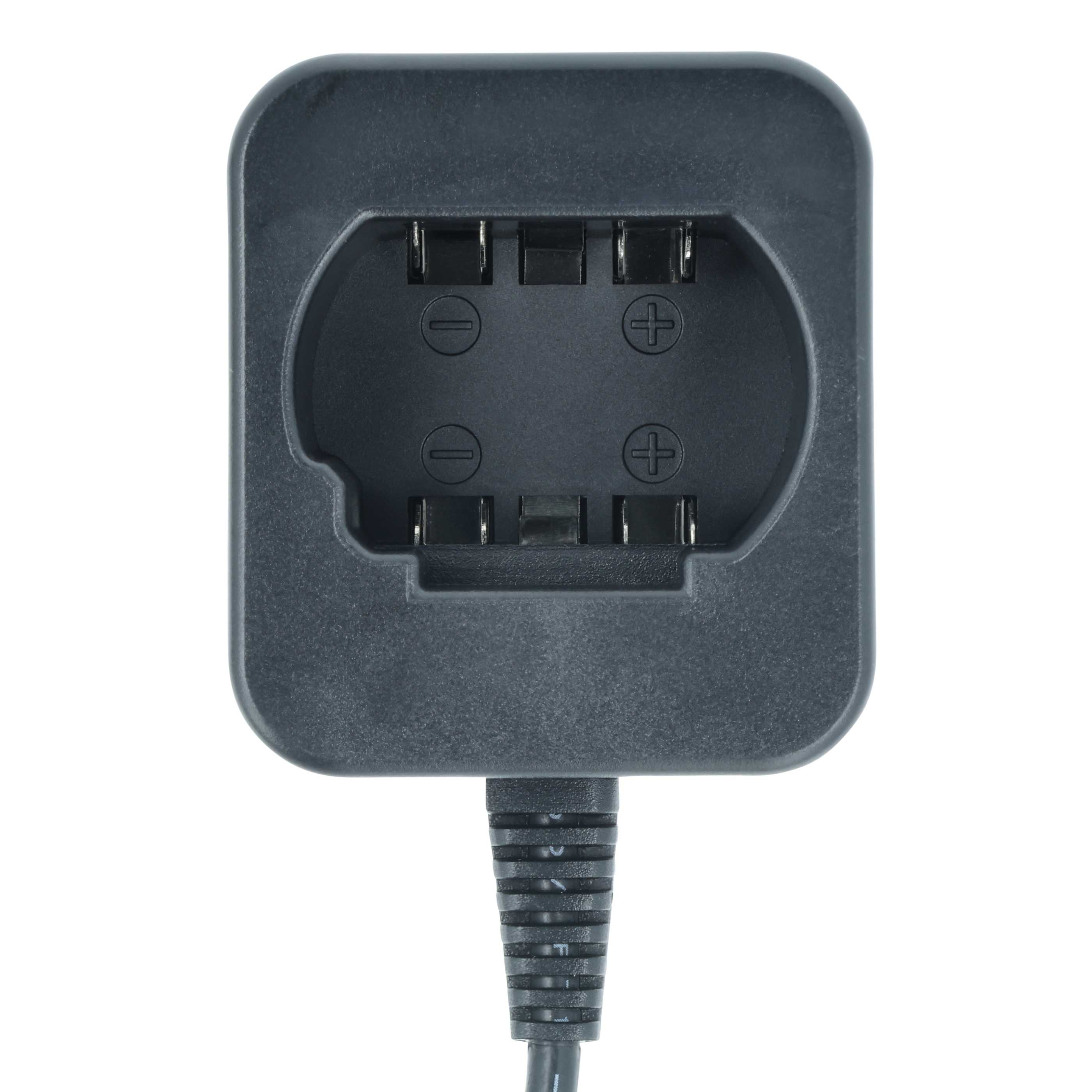 Dunkelgraues Batterieladegerät mit Kabel. Das Ladegerät hat Öffnungen für Klemmen mit Plus- und Minuszeichen.