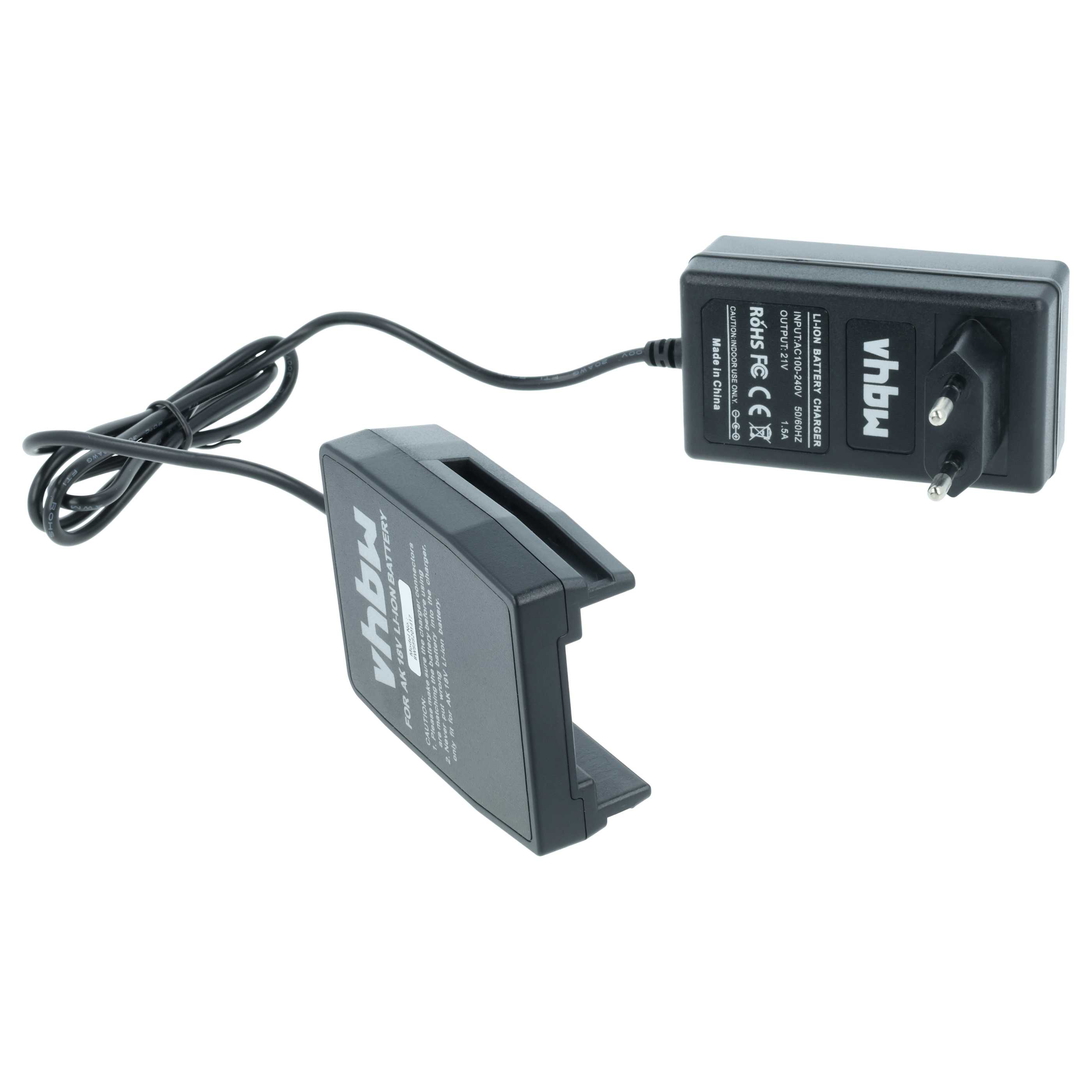 Ein schwarzes Batterieladegerät mit Kabel und Ladestation auf weißem Hintergrund. Das Ladegerät hat einen Stecker.