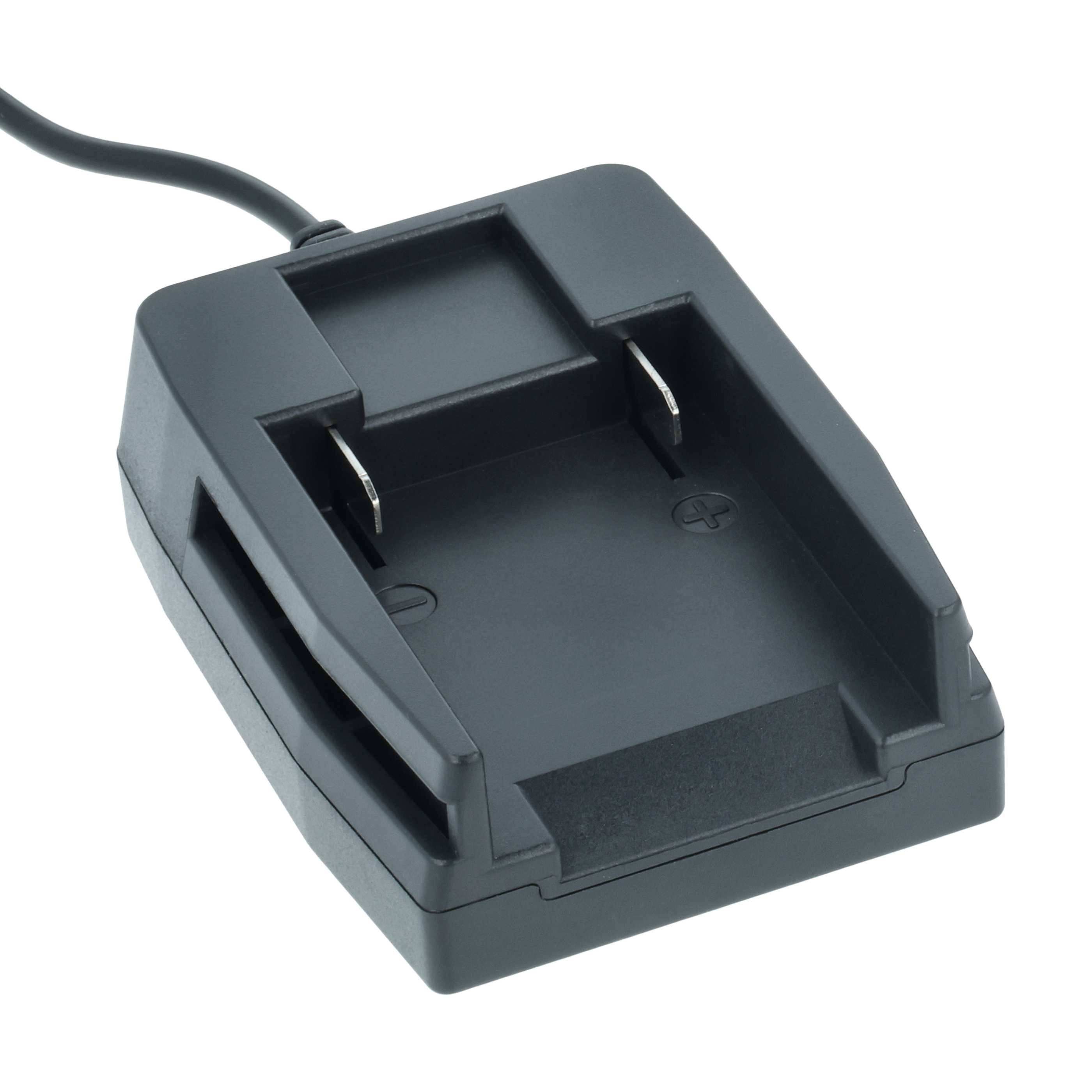 Ein dunkelgraues Batterieladegerät mit einem schwarzen Kabel. Es ist rechteckig mit Schlitzen und sichtbaren Metallkontakten.