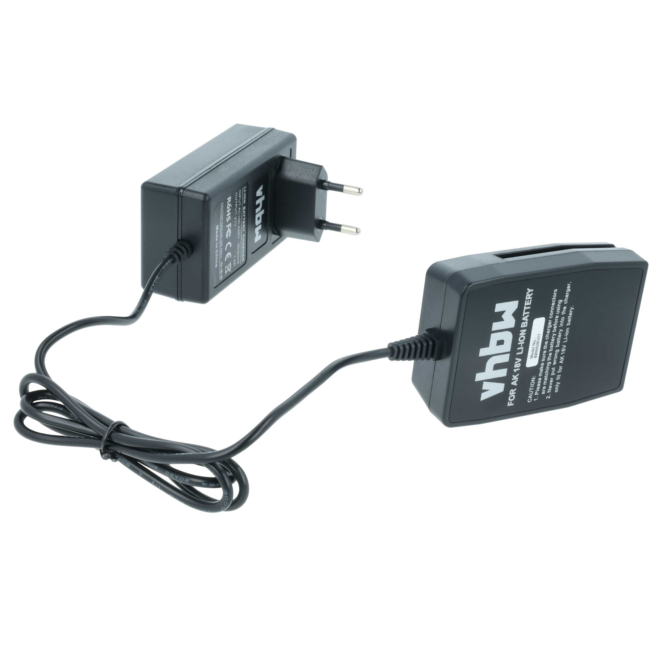 Ein schwarzes Vhbw-Batterieladegerät mit zwei durch ein Kabel verbundenen Teilen auf weißem Hintergrund.