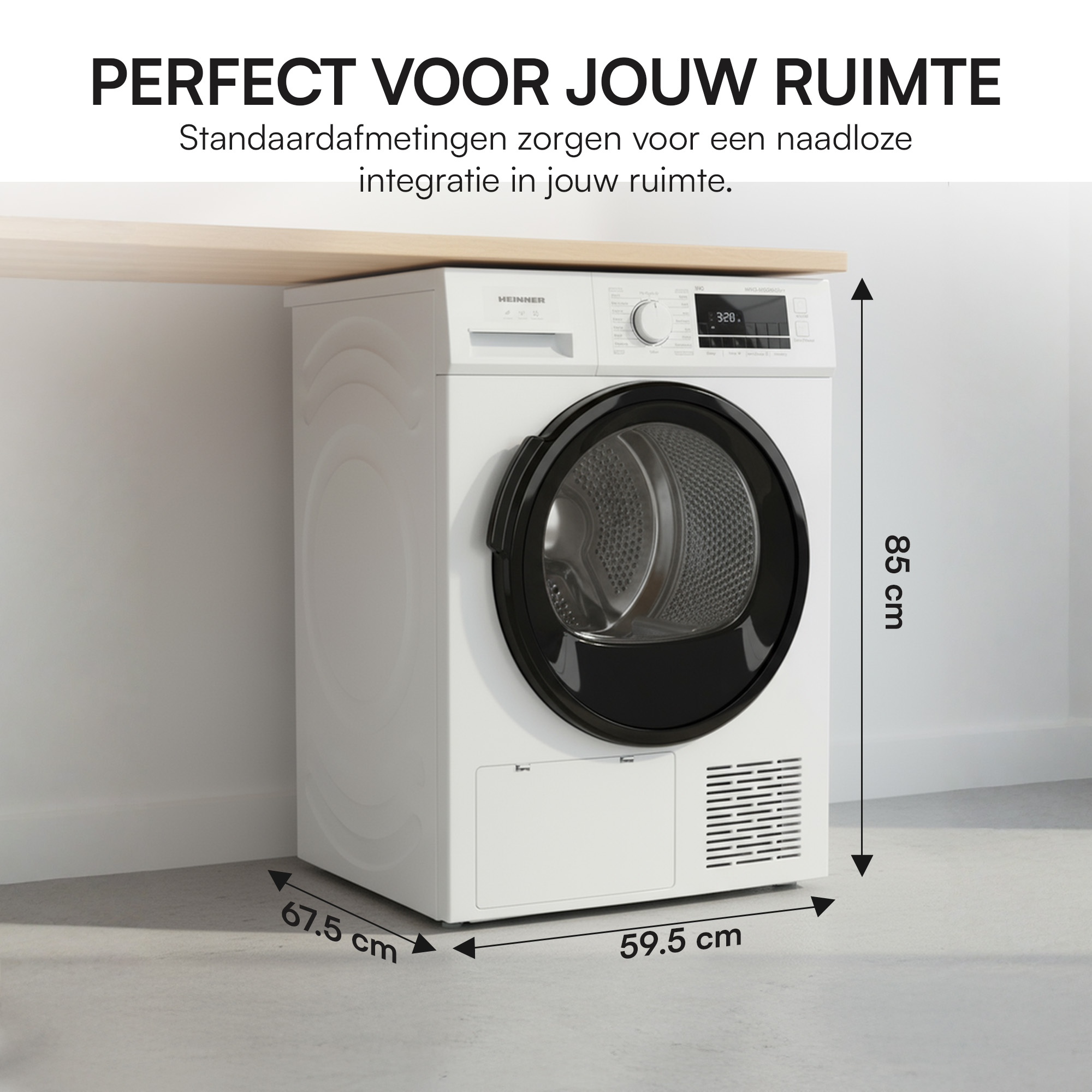 A white dryer with a black door is in a room. Dimensions are displayed. Text says 'Perfect for your space'.