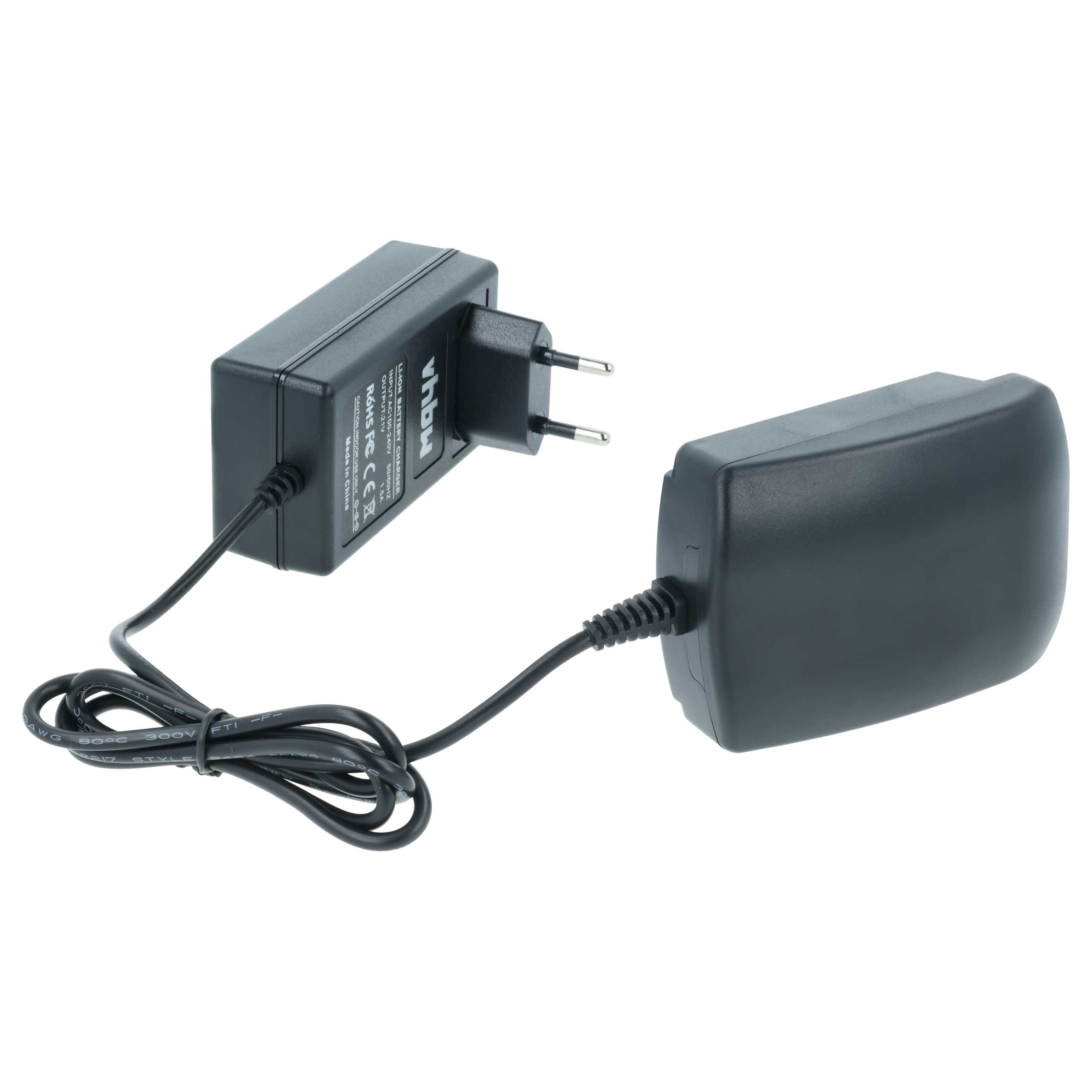 Schwarzes Ladegerät mit Stecker und separater Ladeeinheit, verbunden durch ein schwarzes Kabel, auf weißem Hintergrund.
