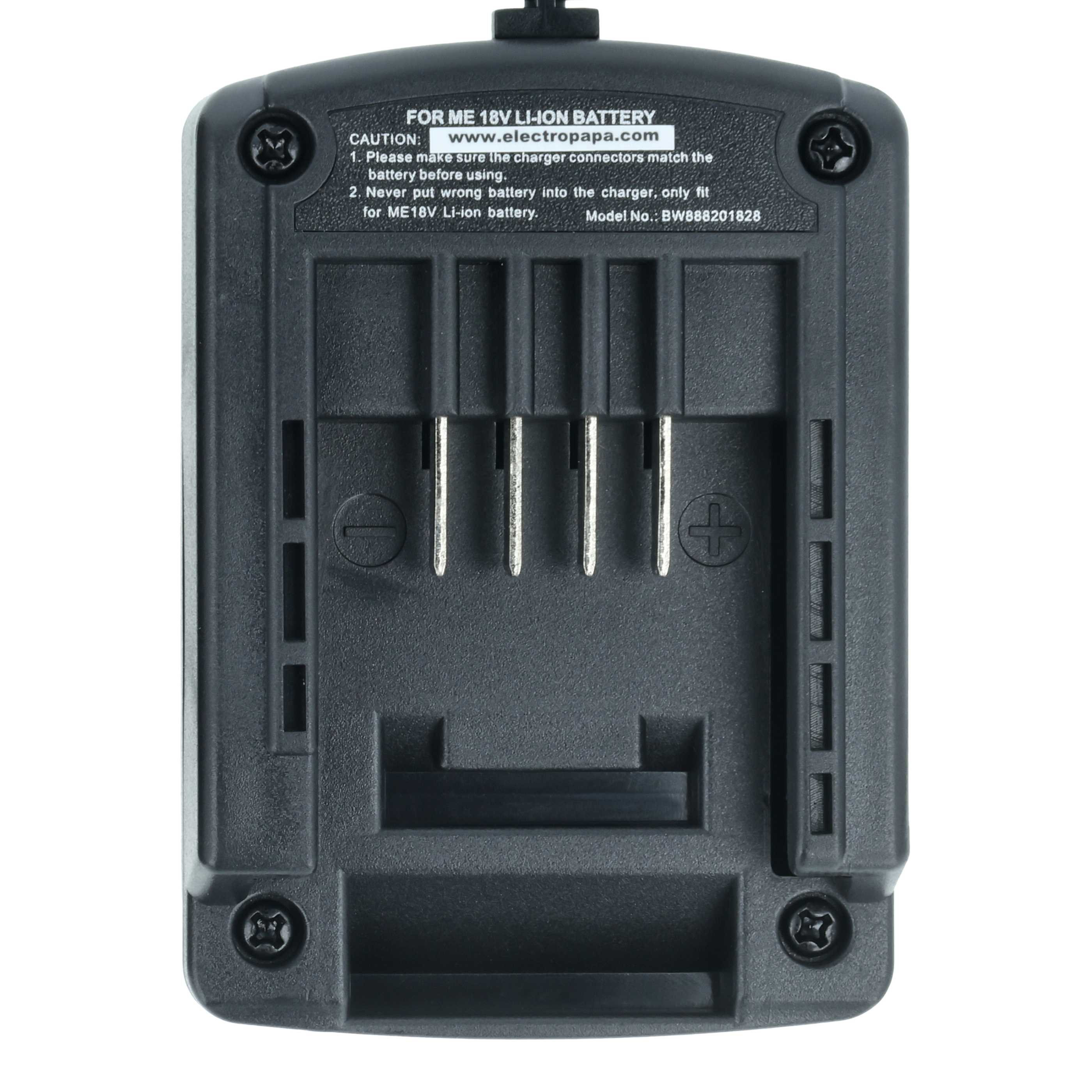 Schwarzes Ladegerät mit Text 'FOR ME 18V LI-ION BATTERY'. Es hat Anschlüsse und Schrauben. Weißer Hintergrund.