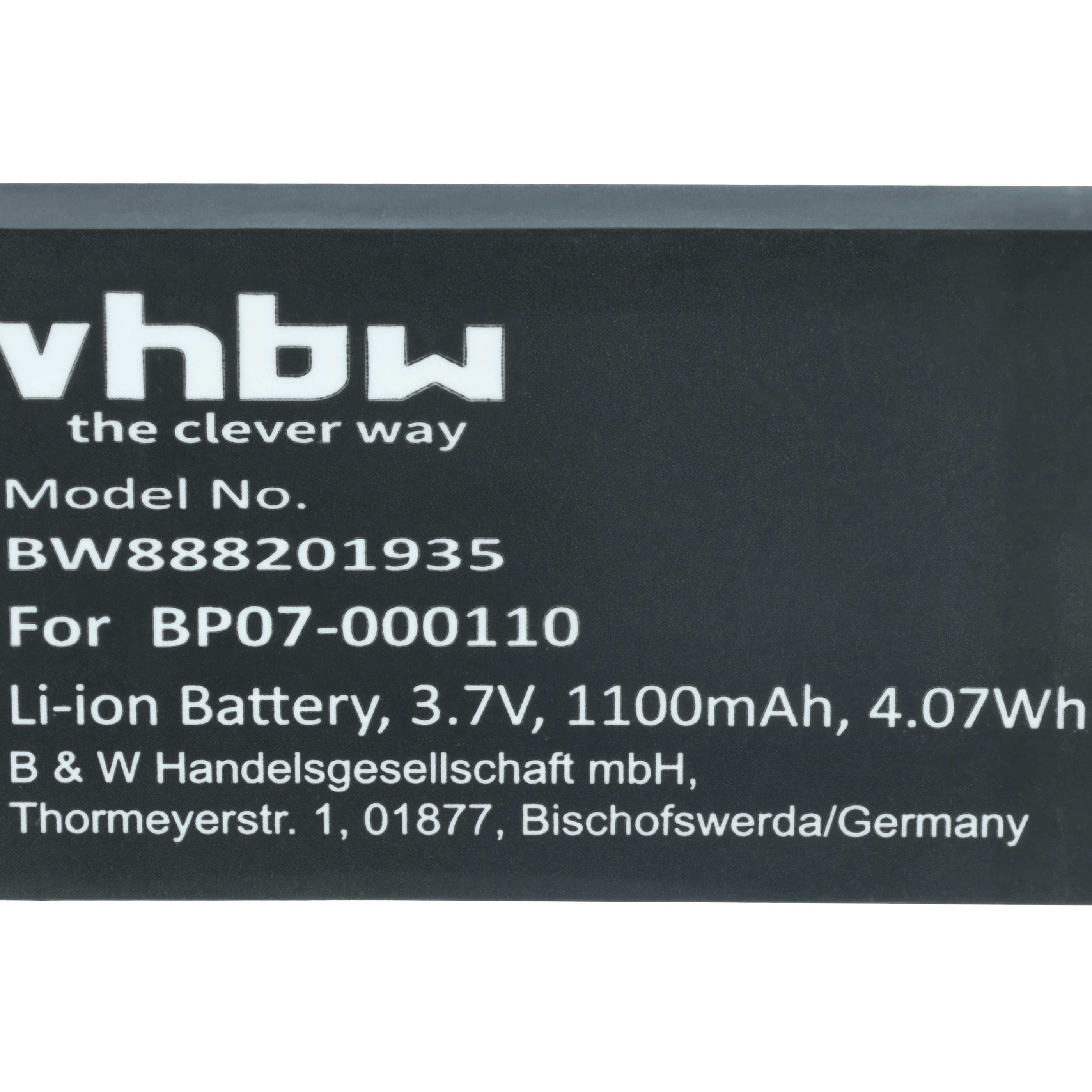Ein schwarzes Rechteck mit weißem Text. Es lautet: vhbw, the clever way, Modellnummer, Batteriedetails und Firmeninformationen.
