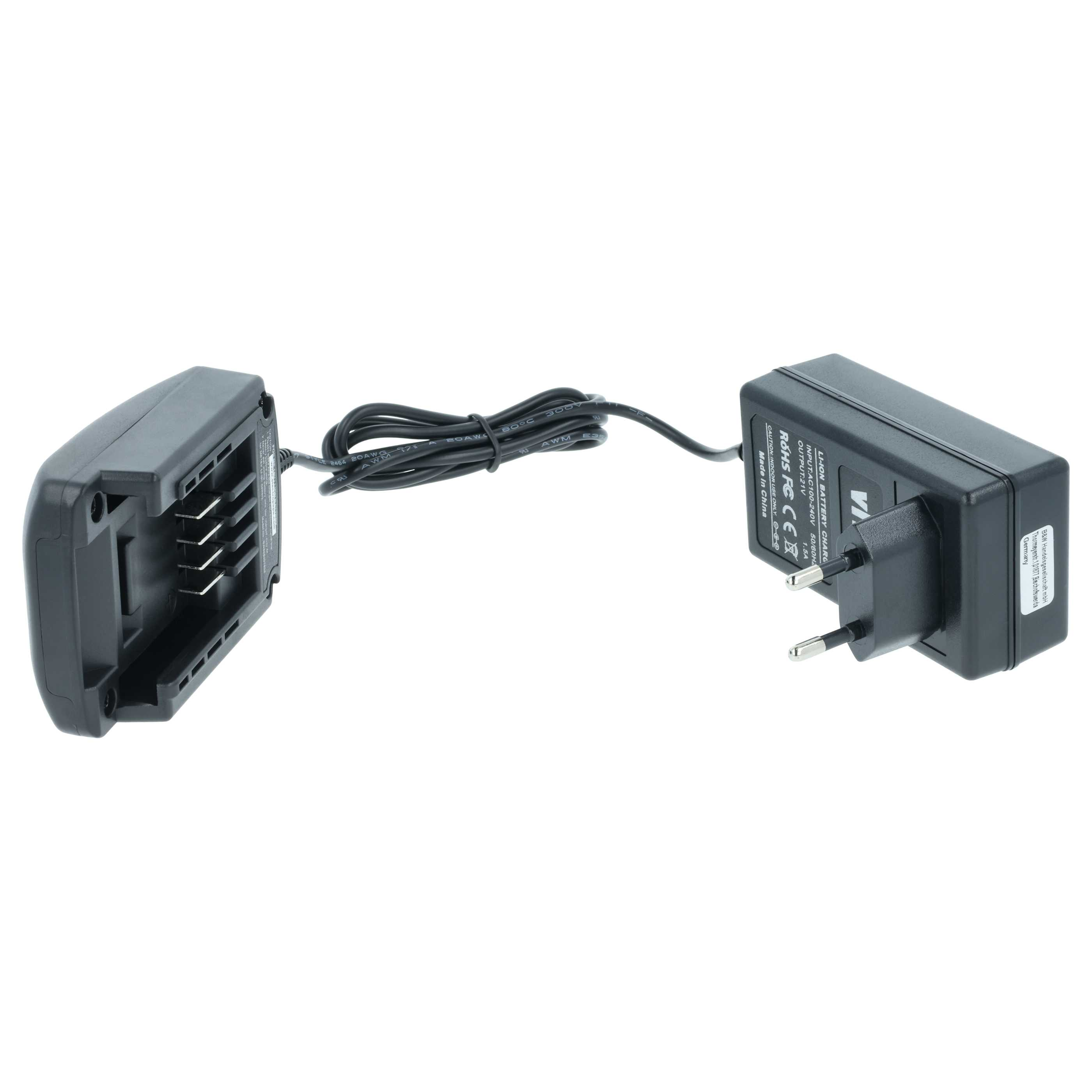 Ein schwarzes Ladegerät und ein Batterieanschluss sind durch ein schwarzes Kabel verbunden. Das Ladegerät hat einen Stecker.