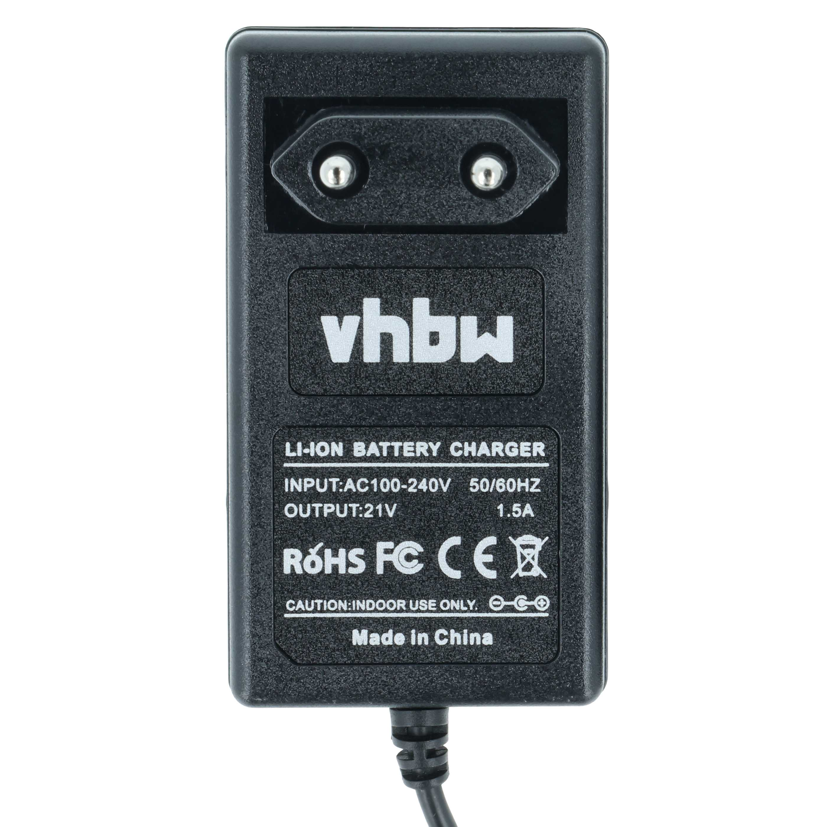 Schwarzes Ladegerät mit Stecker und Text: vhbw, LI-ION BATTERY CHARGER, INPUT:AC100-240V, OUTPUT:21V, Made in China.