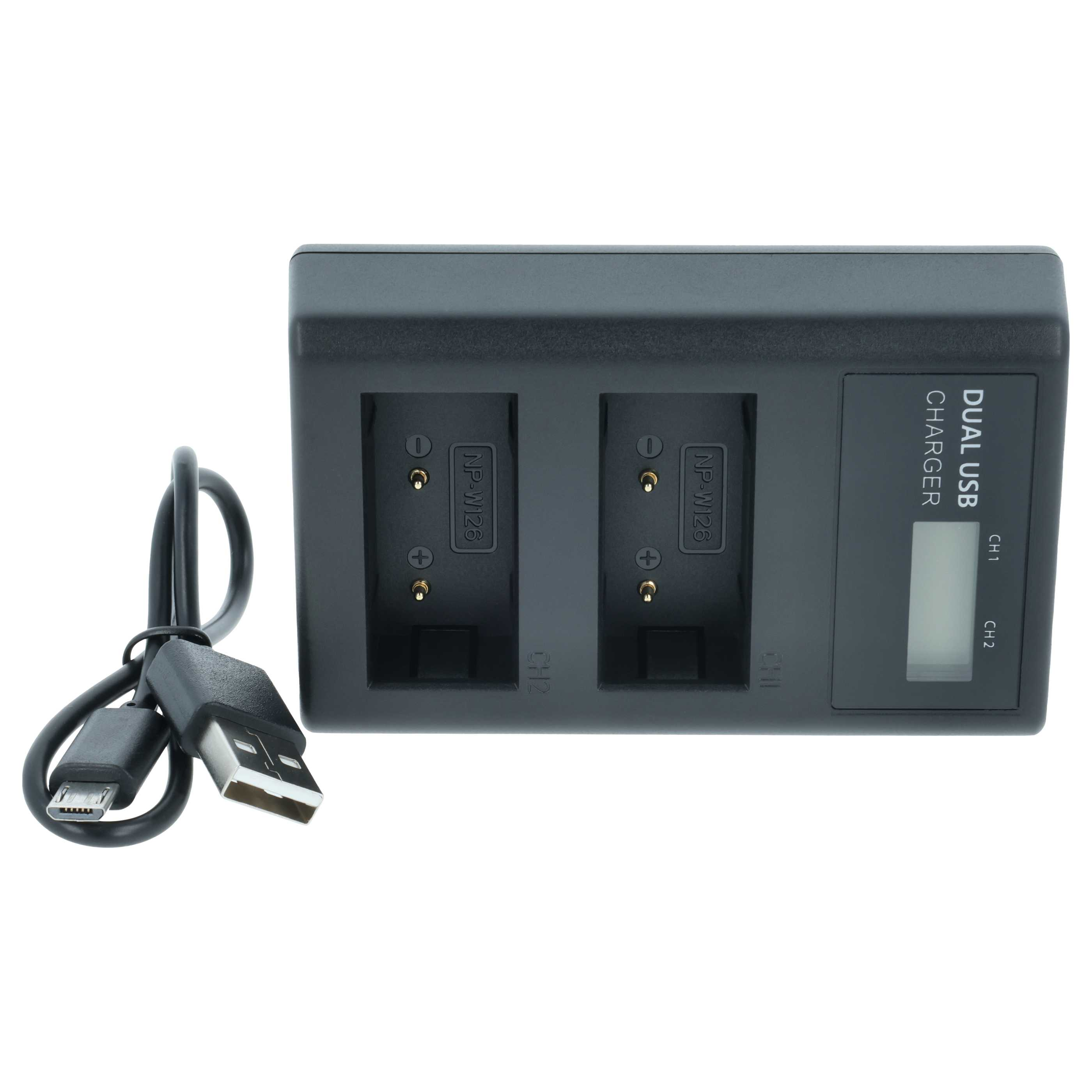 Ein schwarzes Dual-USB-Ladegerät mit zwei Akku-Steckplätzen, einem Digitaldisplay und einem USB-Kabel.
