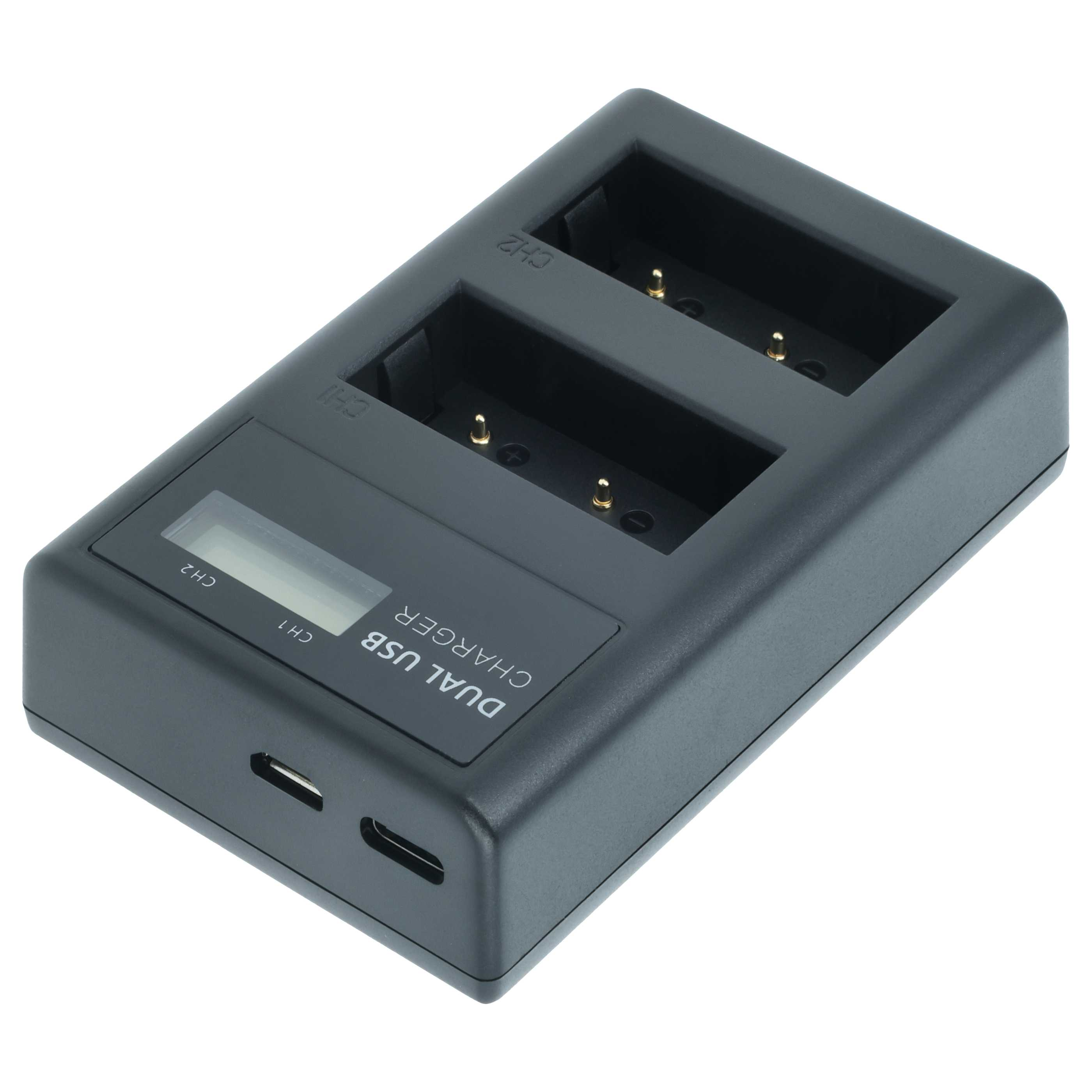 Ein dunkelgraues Dual-USB-Ladegerät mit zwei Ladeschlitzen und einem kleinen Bildschirm. Es hat USB-Anschlüsse und weißen Text.