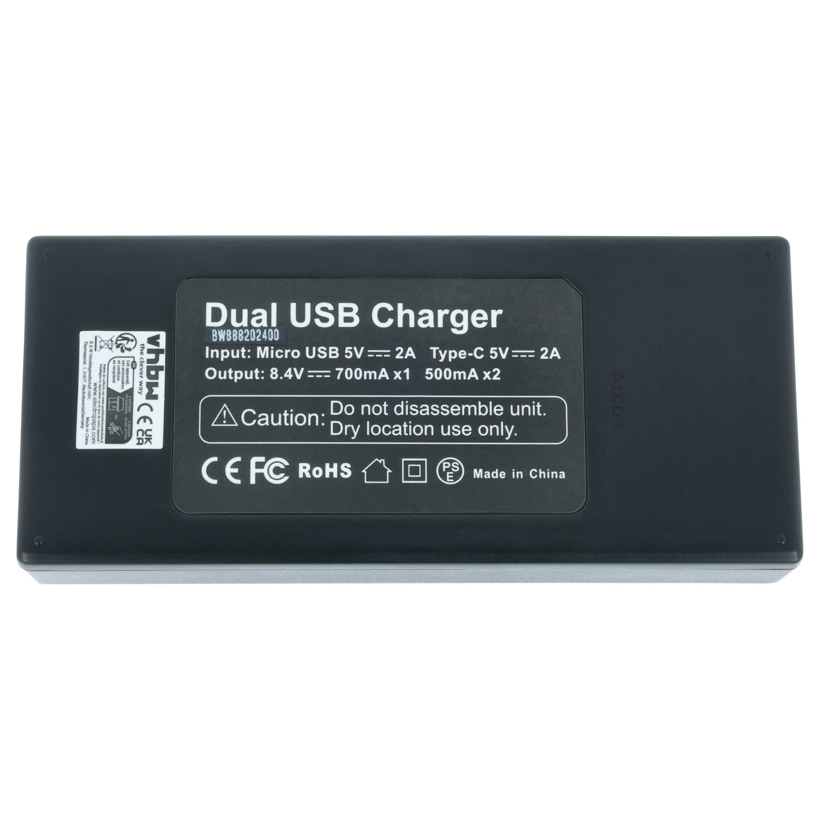 Schwarzes Dual-USB-Ladegerät mit Text. Enthält Eingangs-/Ausgangsspezifikationen, Warnhinweise und Zertifizierungen.