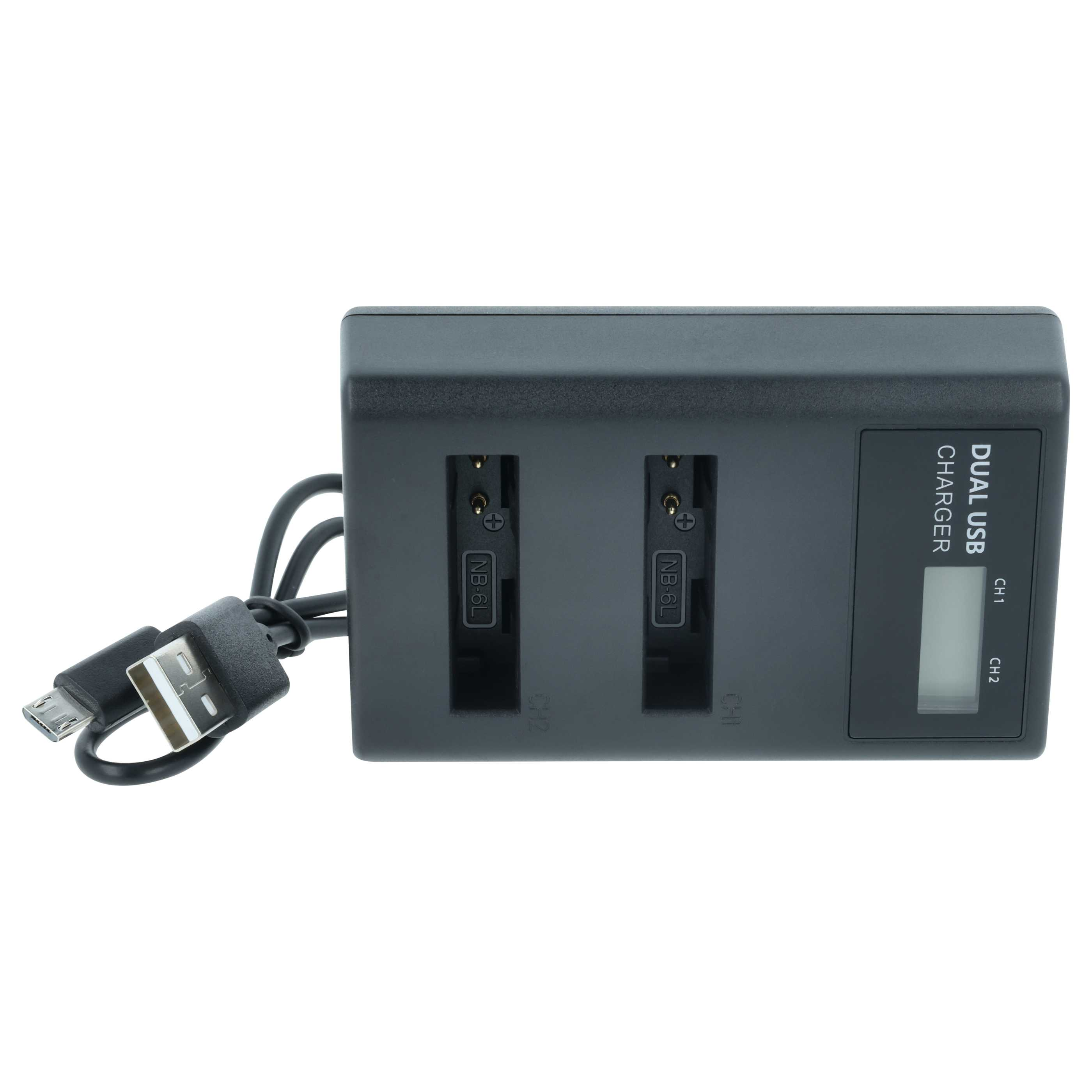 Schwarzes Dual-USB-Ladegerät mit zwei Steckplätzen für Batterien, USB-Kabel angeschlossen und kleinem Display.