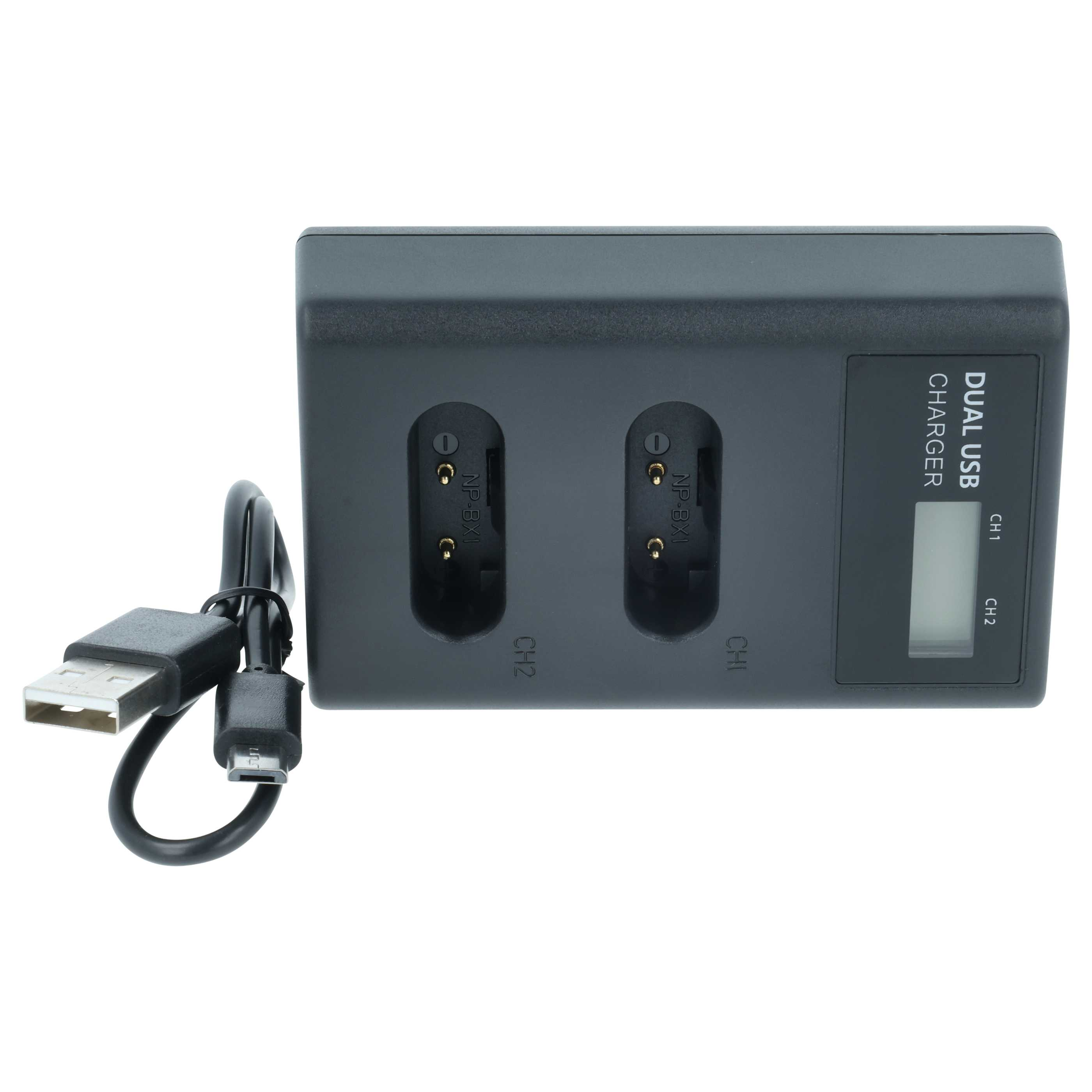 Ein dunkelgraues Dual-USB-Ladegerät mit zwei Ladeschlitzen, einem kleinen Display und einem USB-Kabel.