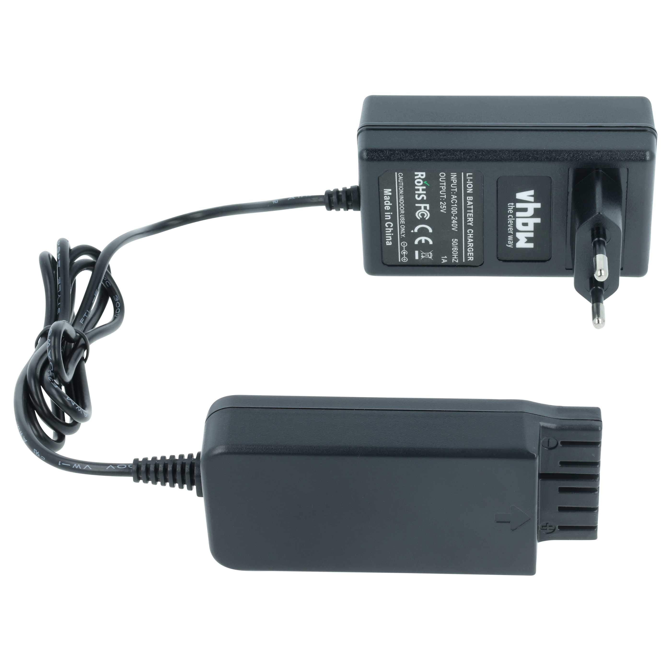 Schwarzes Batterieladegerät mit Kabel und Stecker. Es hat Textetiketten und ist vor weißem Hintergrund.
